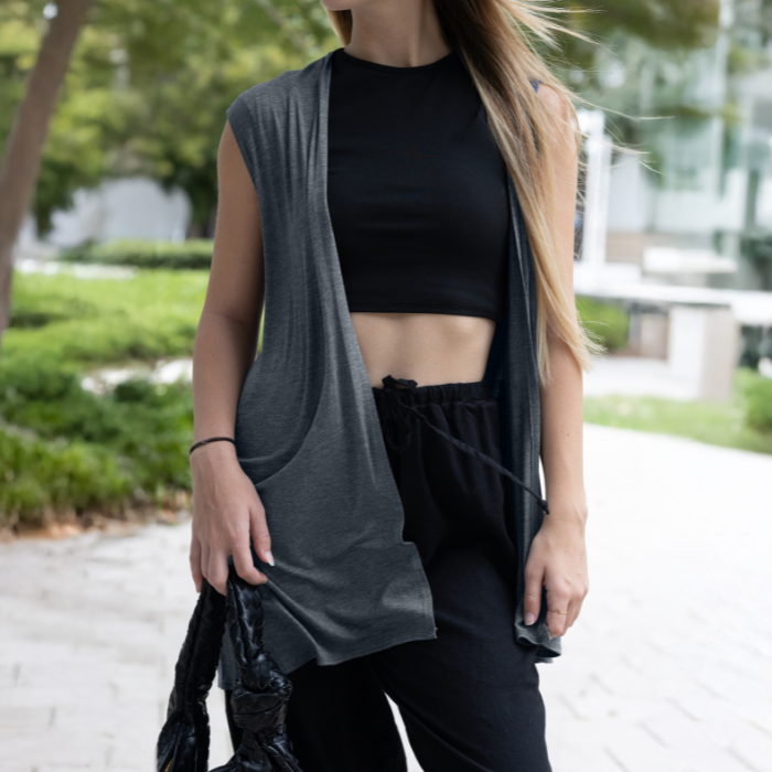 Sleeveless Cardigan Vest (Straight Hem Pockets)