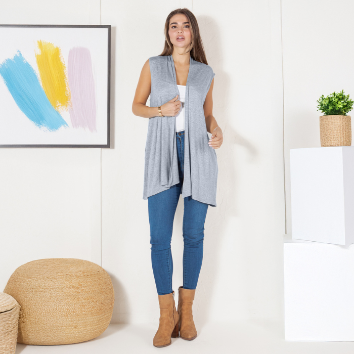 Sleeveless Cardigan Vest (Straight Hem Pockets)