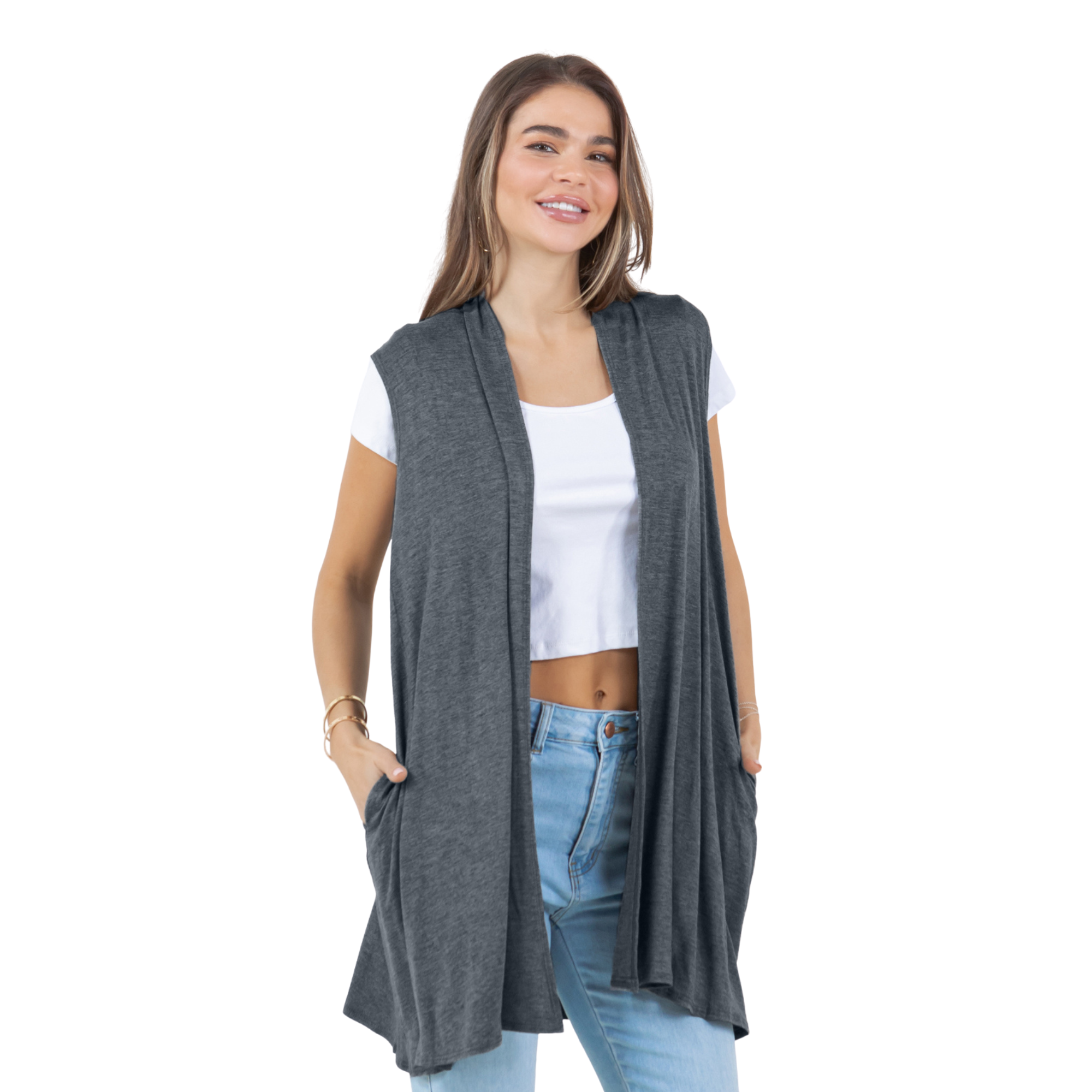 3-Pack Sleeveless Cardigan Vest (Straight Hem Pockets) Azules 2DC