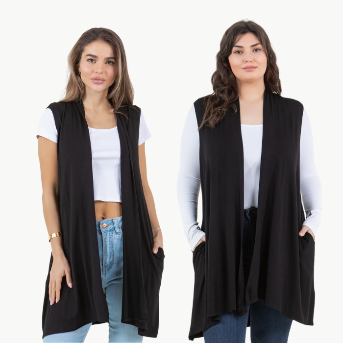 Sleeveless Cardigan Vest (Straight Hem Pockets)