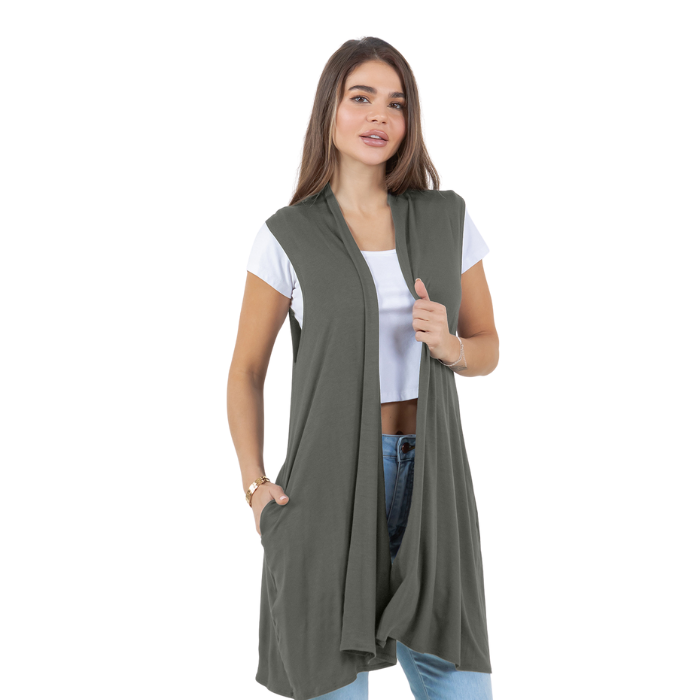 Sleeveless Cardigan Vest (Straight Hem Pockets)
