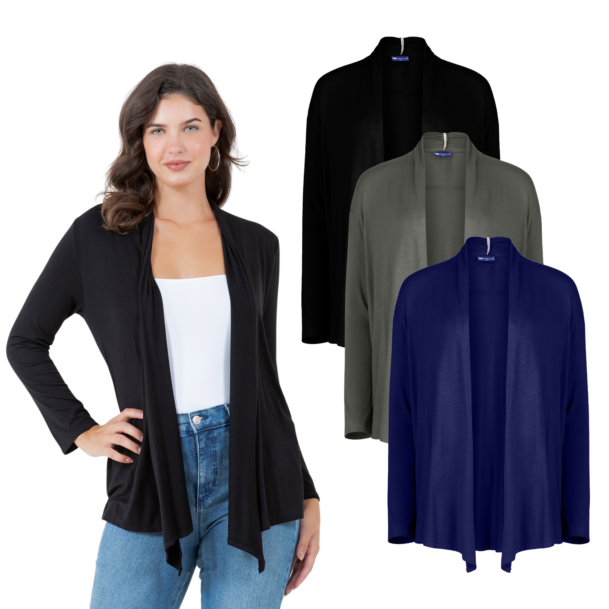 3-Pack Long Sleeve Cardigan – Open Front Lightweight Cardigan Azules 2DC