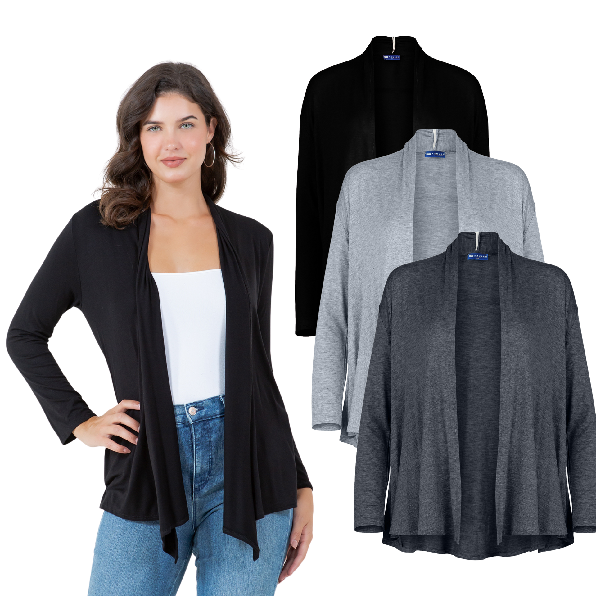 3-Pack Long Sleeve Cardigan – Open Front Lightweight Cardigan – Azules