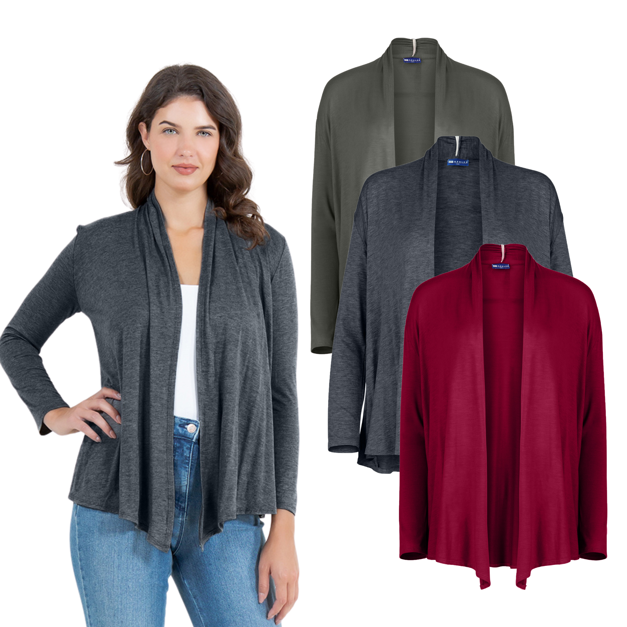 3-Pack Long Sleeve Cardigan – Open Front Lightweight Cardigan Azules 2DC