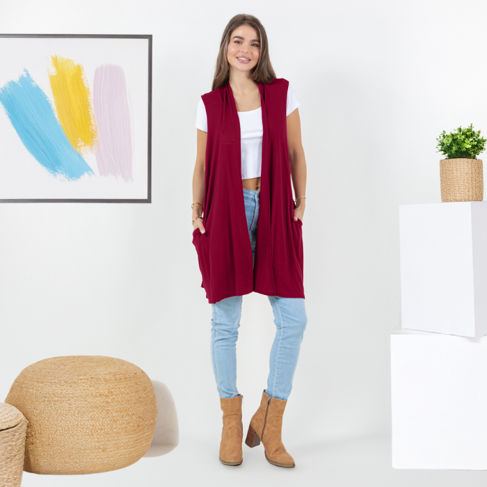 Sleeveless Cardigan Vest (Straight Hem Pockets)