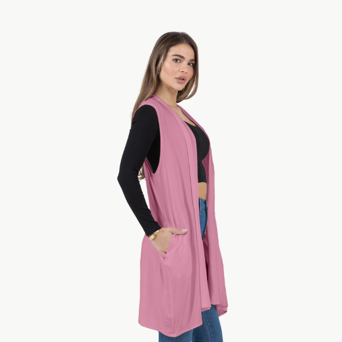 Sleeveless Cardigan Vest (Straight Hem Pockets)