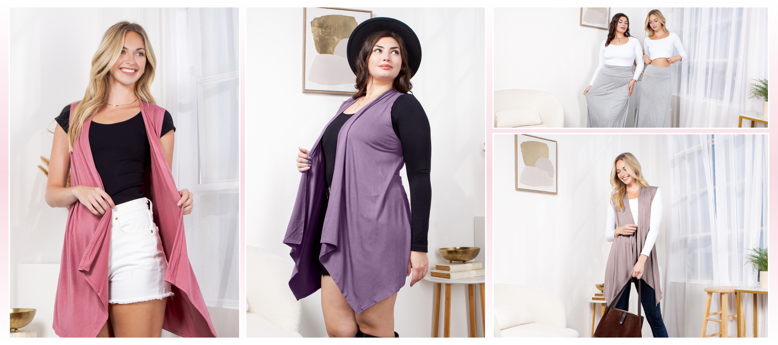 Collage of a woman wearing a long pink cardigan over a black top and white shorts, with another woman in a purple cardigan and black top.