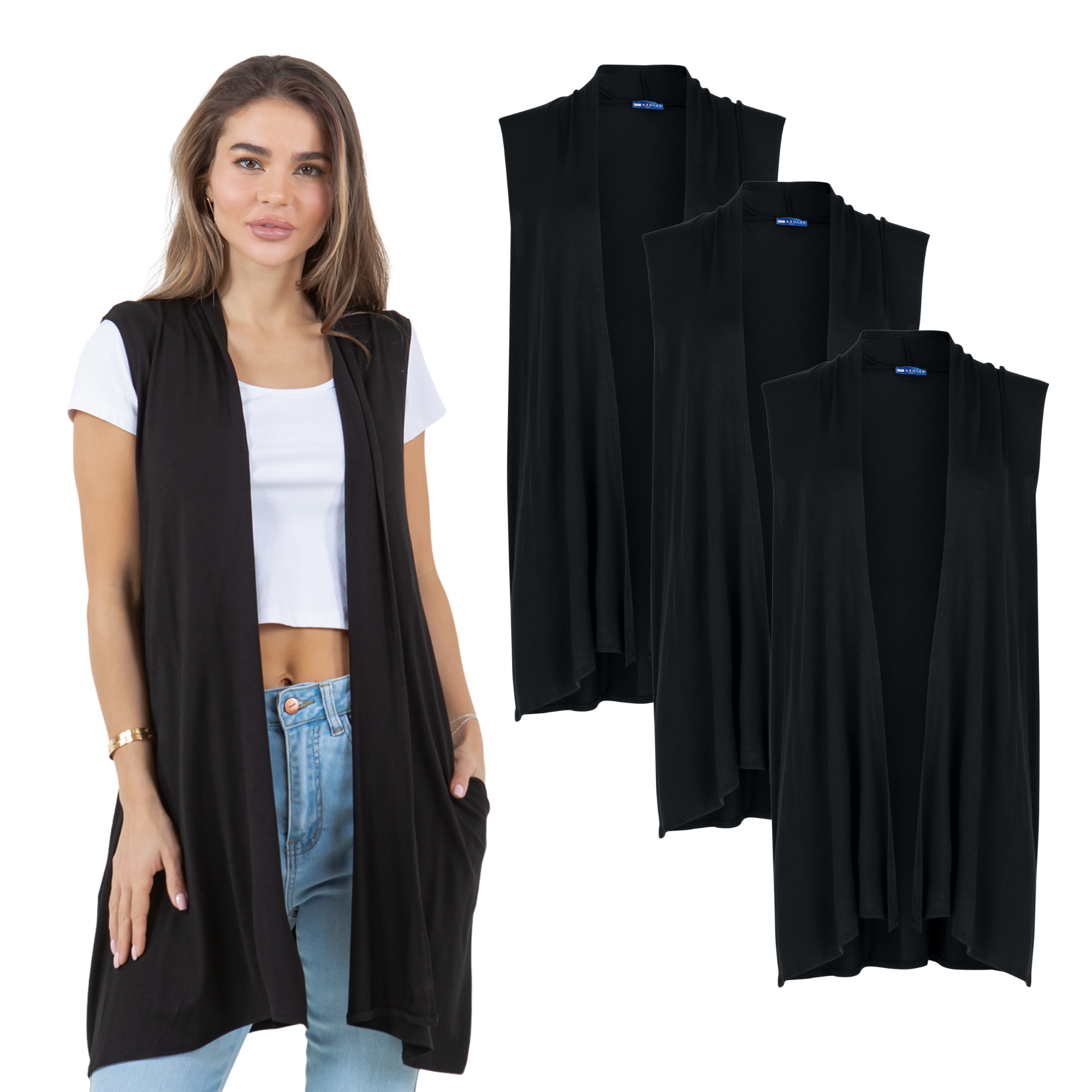 3-Pack Sleeveless Cardigan Vest (Straight Hem Pockets) Azules 2DC
