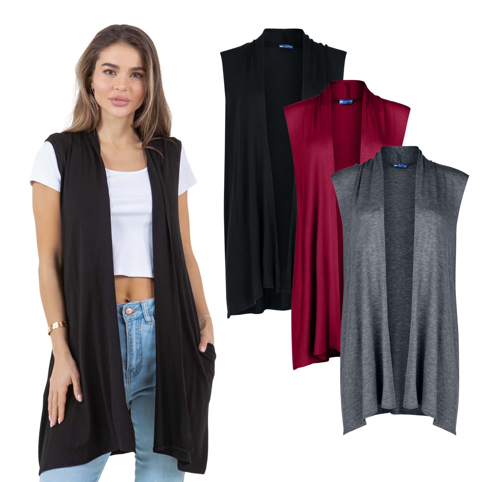 3-Pack Sleeveless Cardigan Vest (Straight Hem Pockets) Azules 2DC