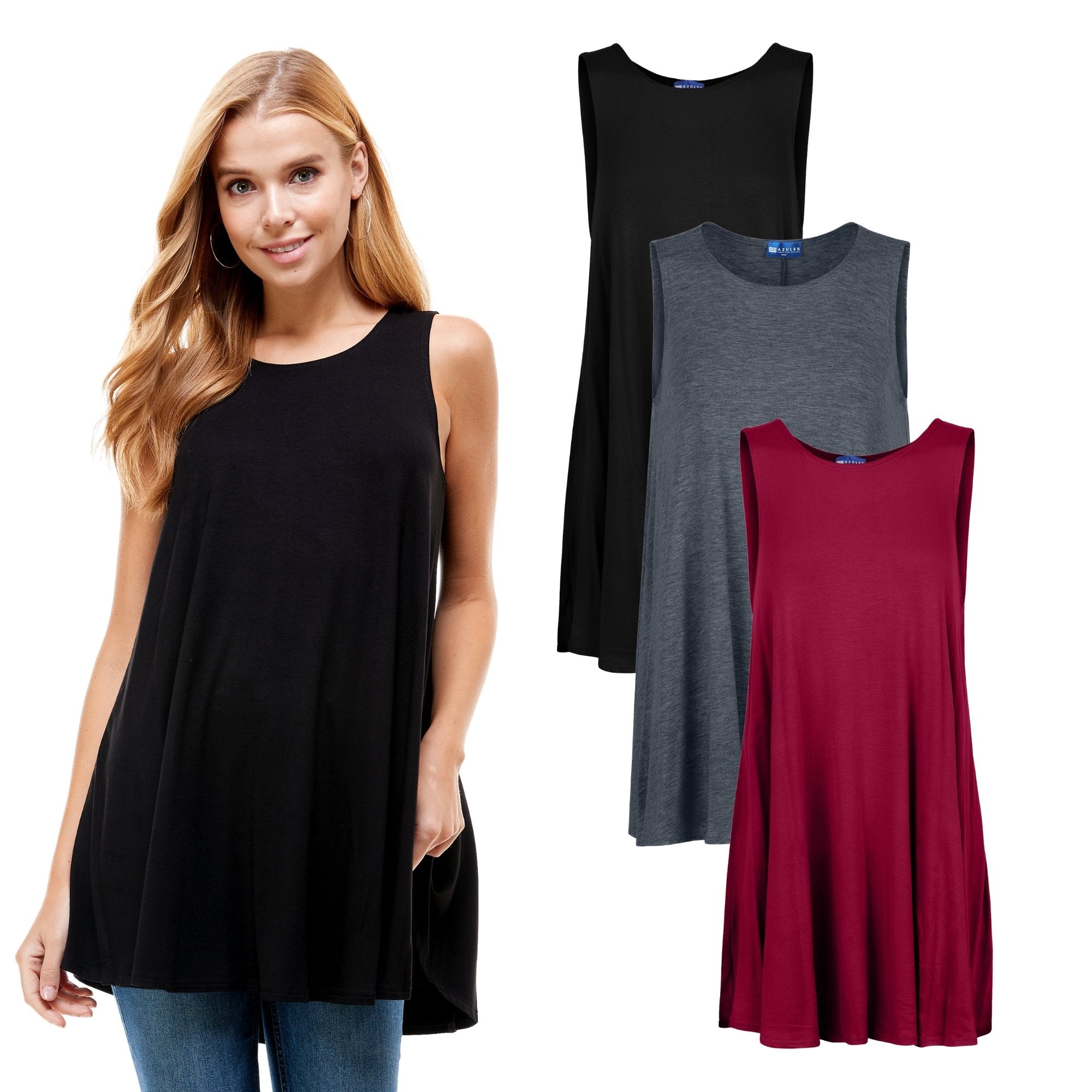 3-Pack Sleeveless Tunic Top – Long Loose Fit Tank Blouse for Casual Wear Azules 2DC