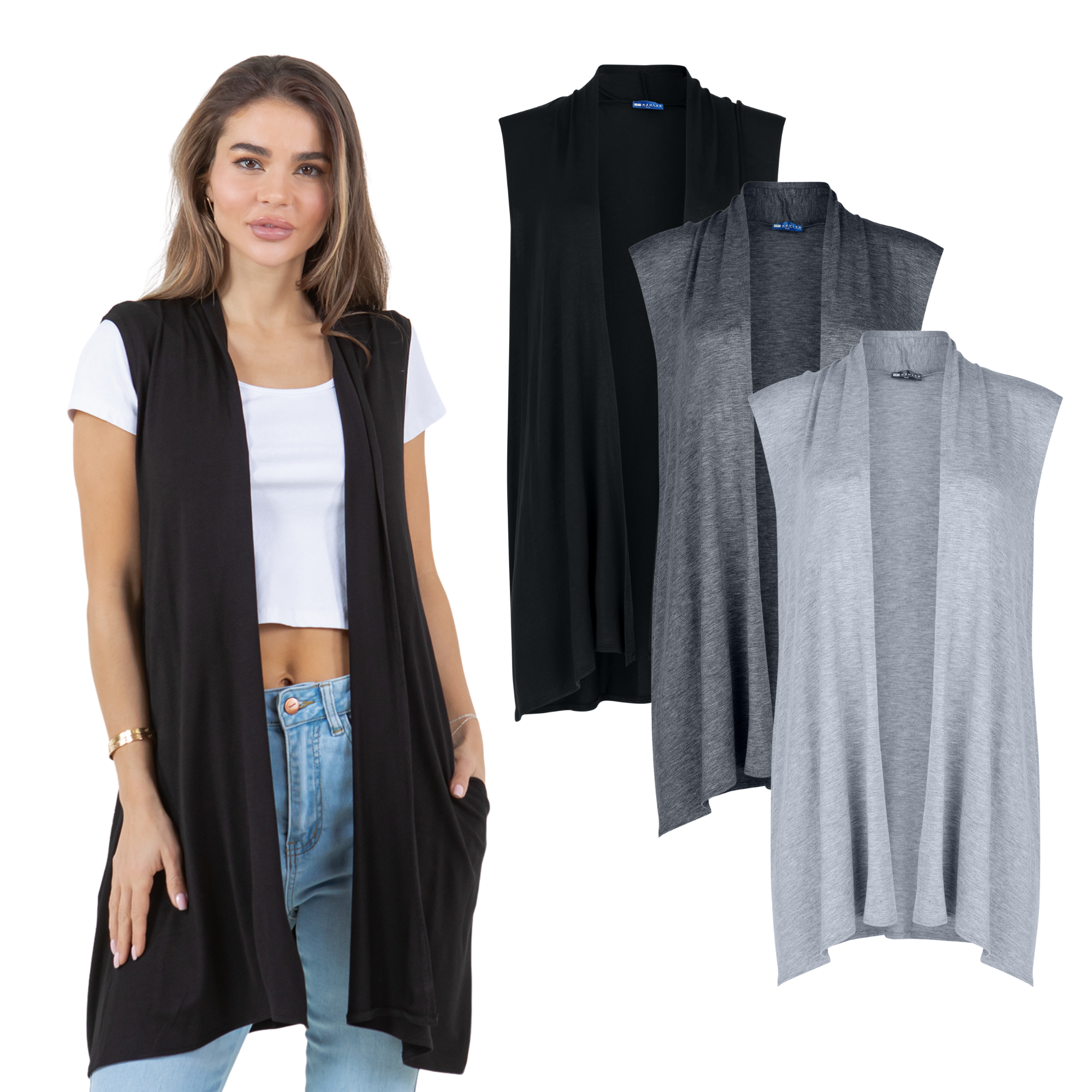 3-Pack Sleeveless Cardigan Vest (Straight Hem Pockets) Azules 2DC