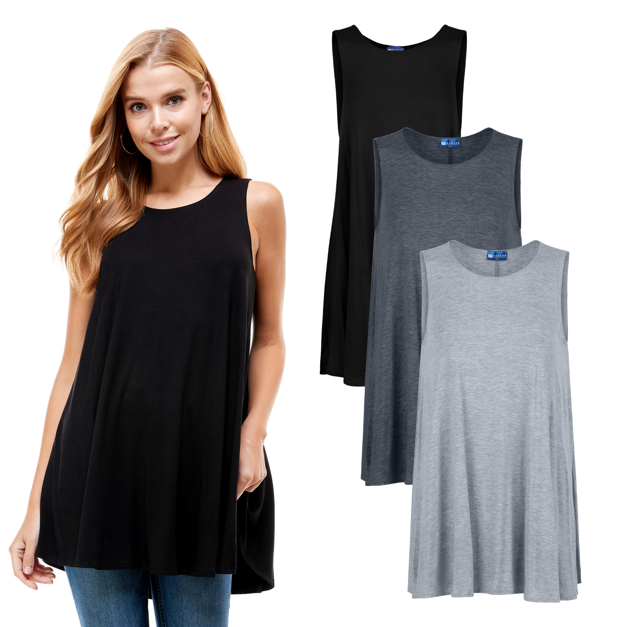 3-Pack Sleeveless Tunic Top – Long Loose Fit Tank Blouse for Casual Wear Azules 2DC