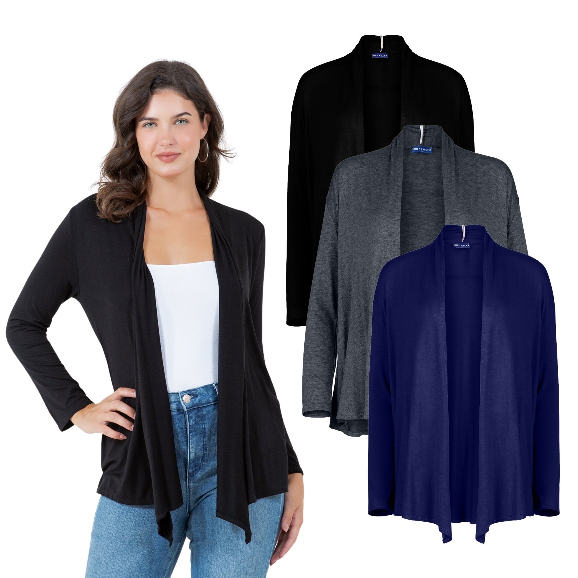 3-Pack Long Sleeve Cardigan – Open Front Lightweight Cardigan Azules 2DC