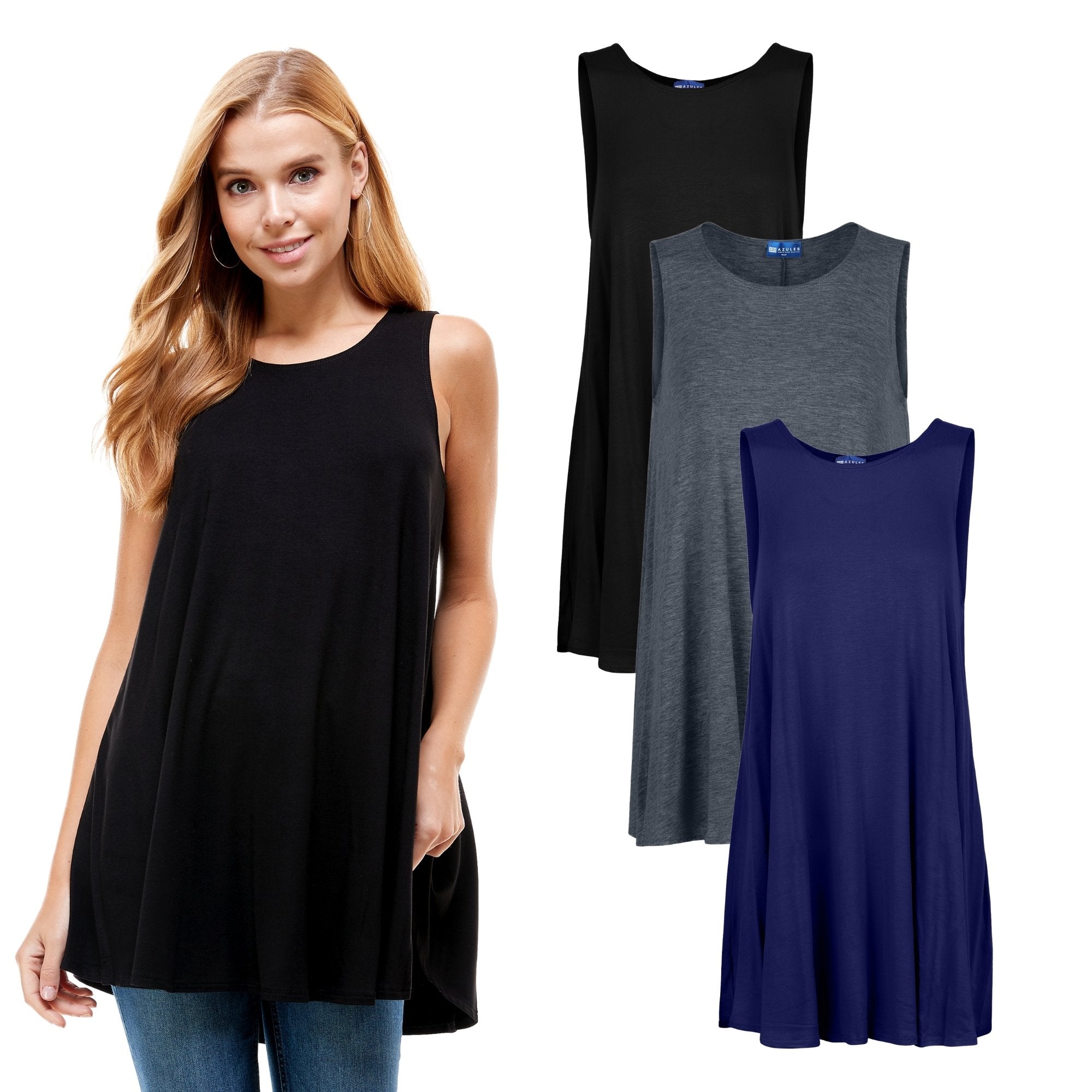 3-Pack Sleeveless Tunic Top – Long Loose Fit Tank Blouse for Casual Wear Azules 2DC