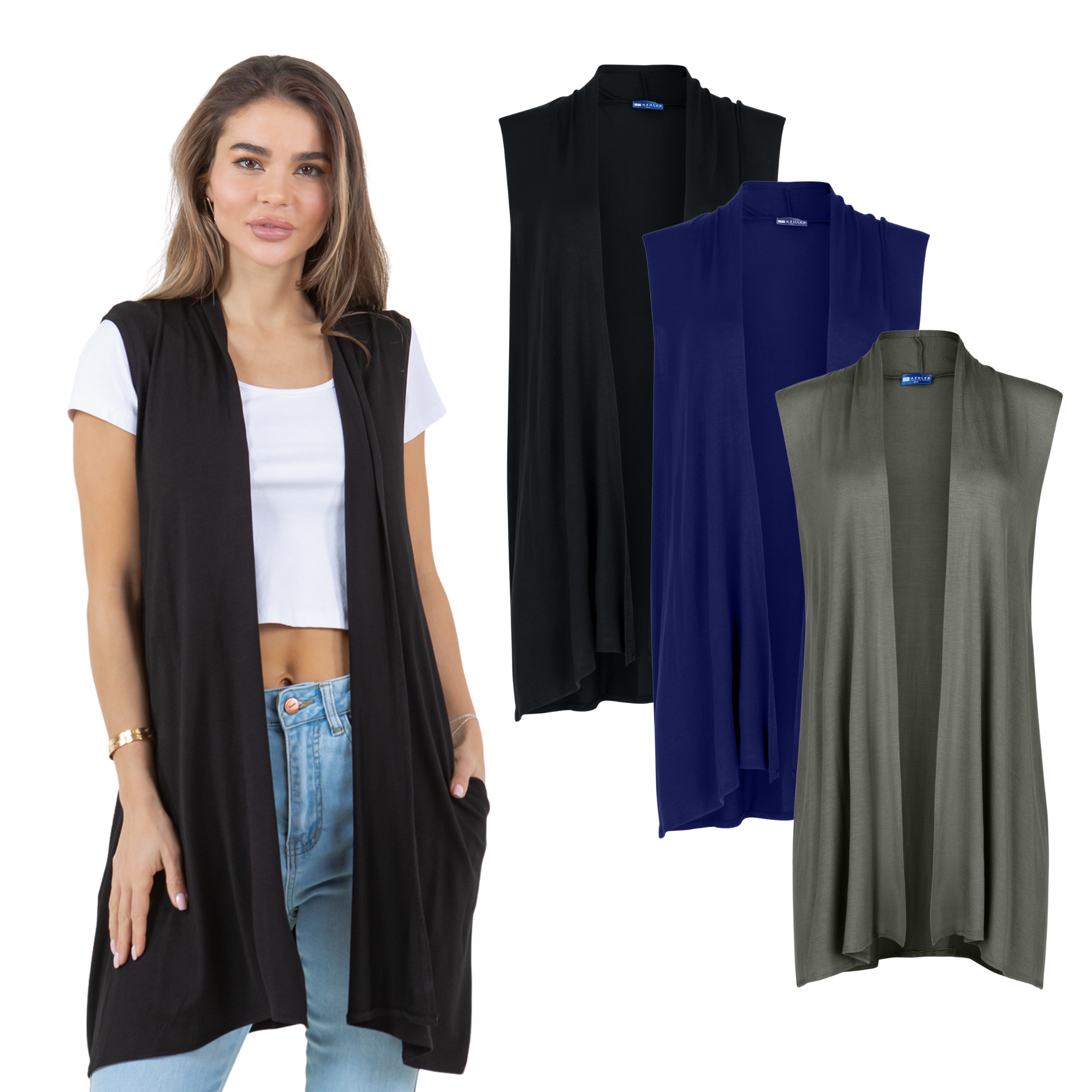 3-Pack Sleeveless Cardigan Vest (Straight Hem Pockets) Azules 2DC