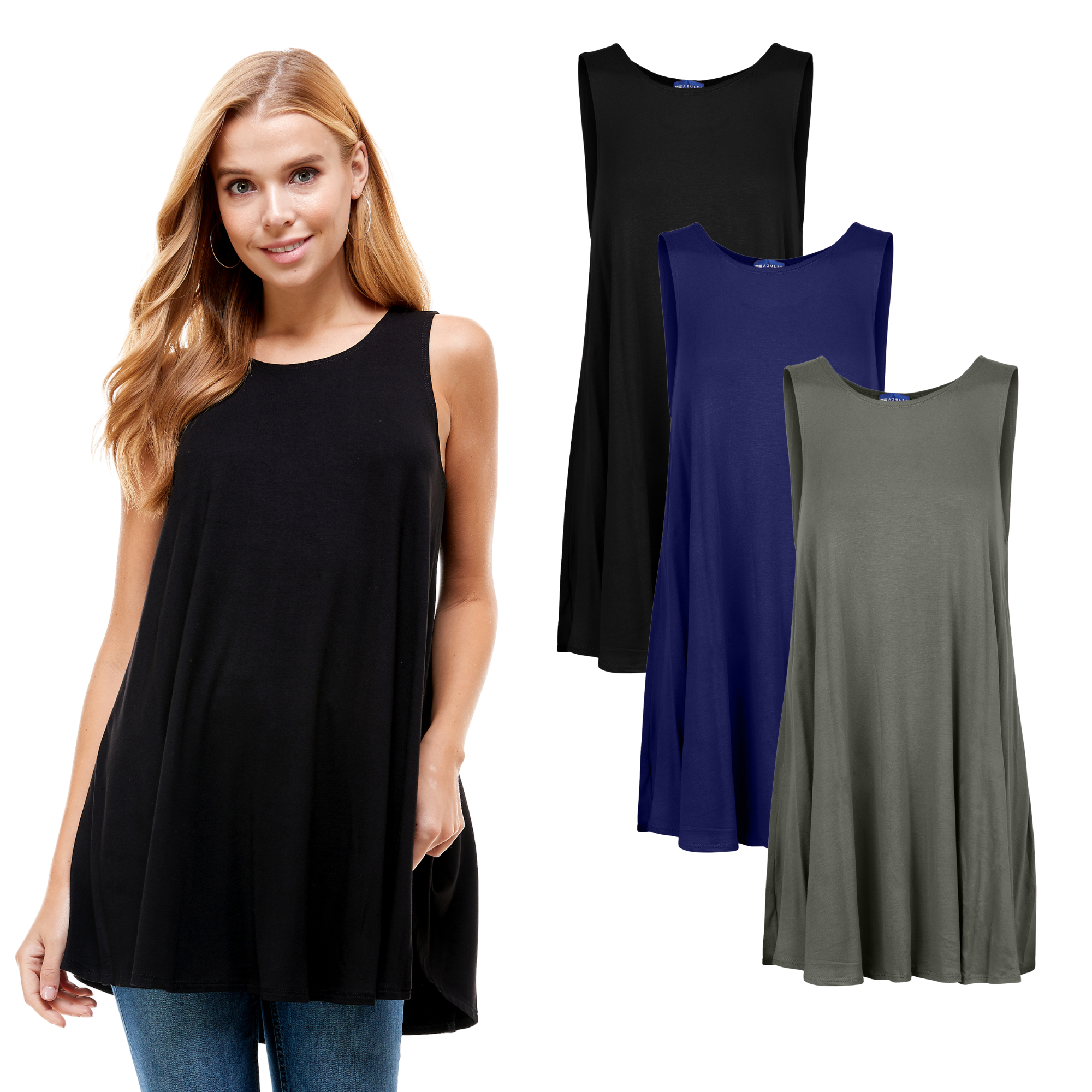 3-Pack Sleeveless Tunic Top – Long Loose Fit Tank Blouse for Casual Wear Azules 2DC