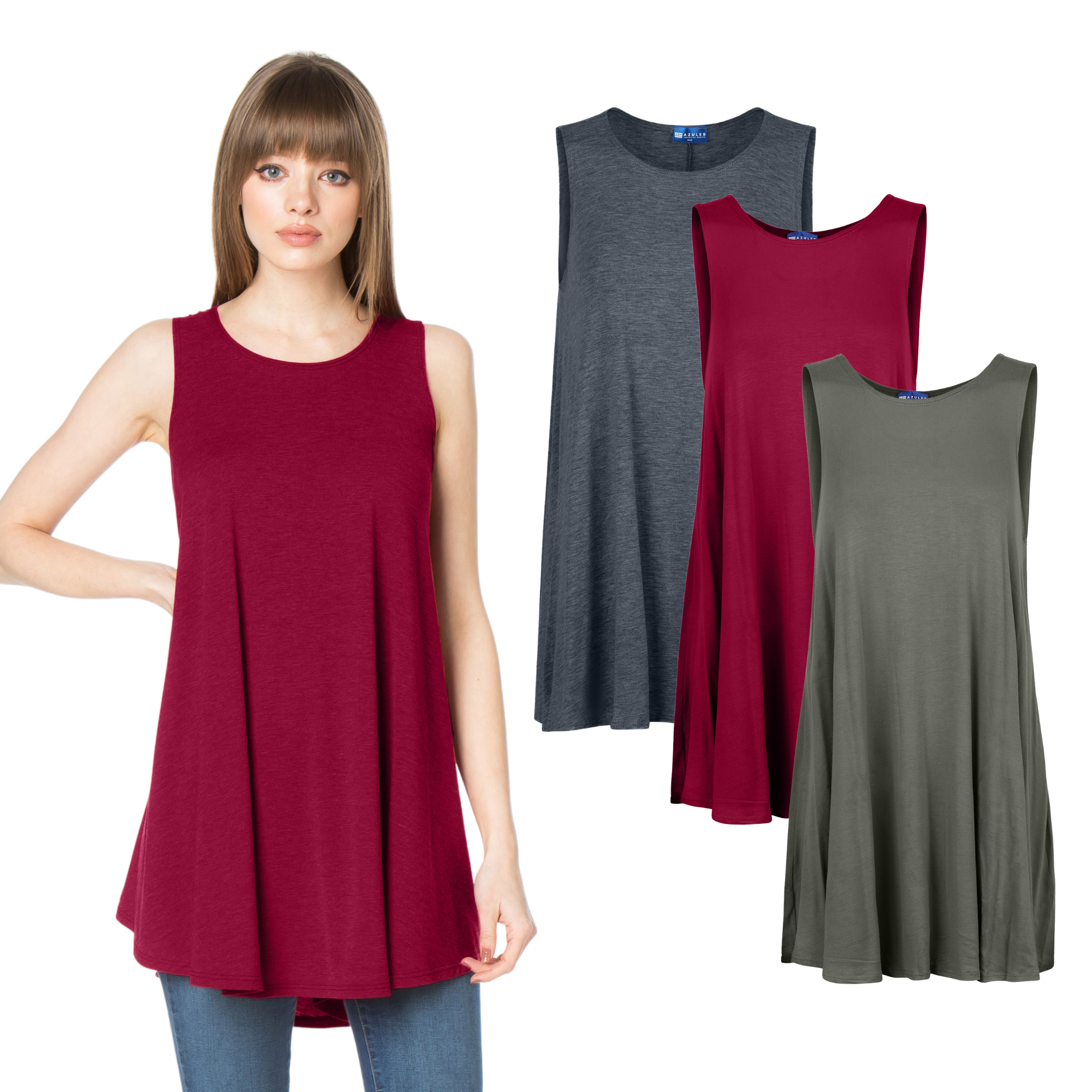 3-Pack Sleeveless Tunic Top – Long Loose Fit Tank Blouse for Casual Wear Azules 2DC