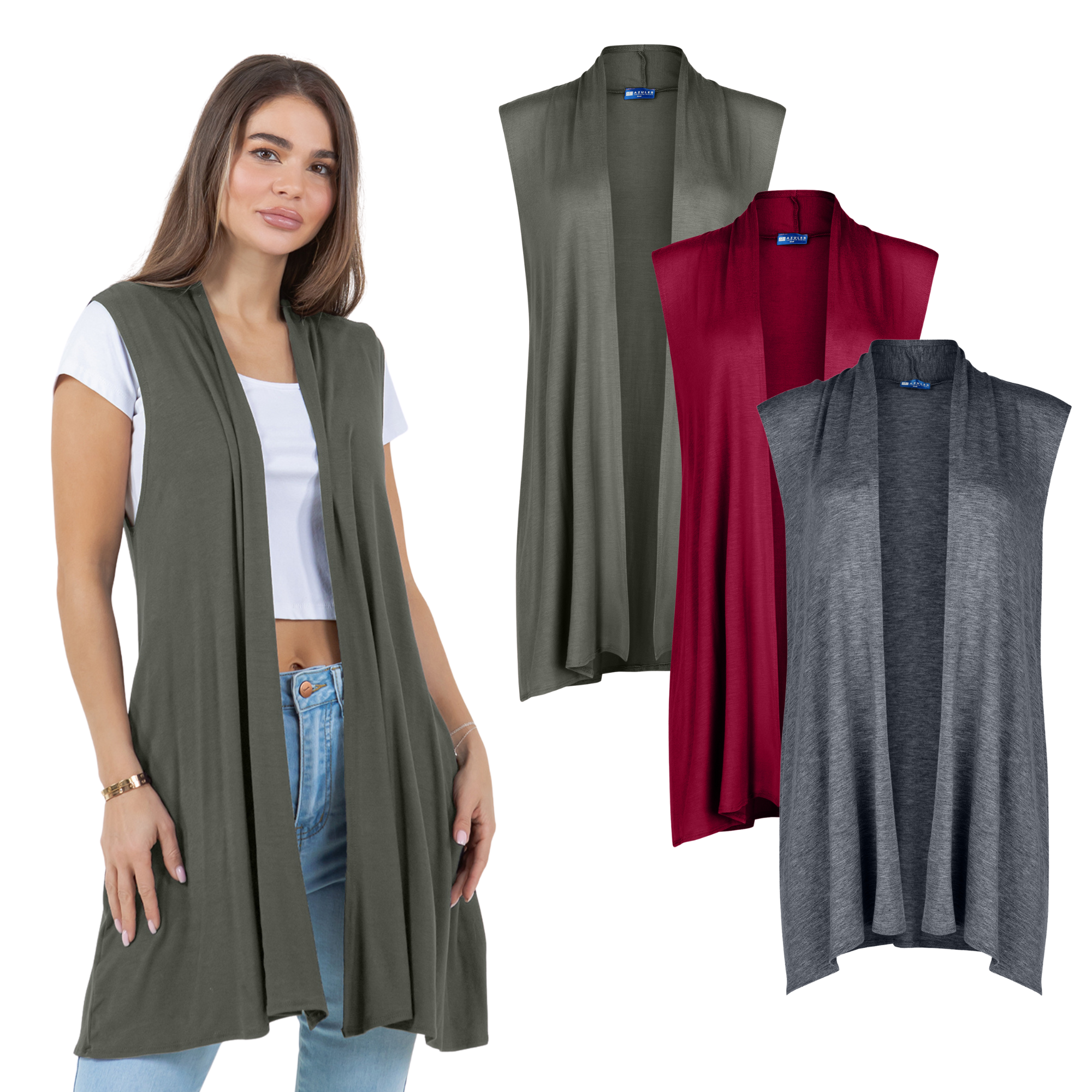 3-Pack Sleeveless Cardigan Vest (Straight Hem Pockets) Azules 2DC