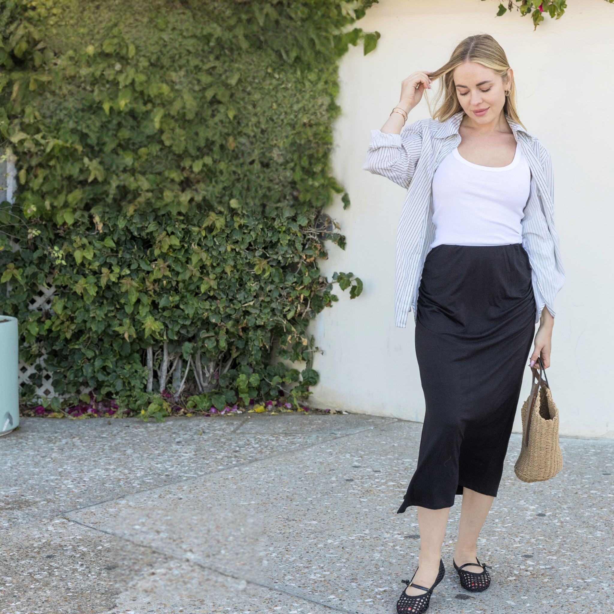 Midi Skirt – Stretchy Jersey Knit Bodycon Skirt with Side Slit
