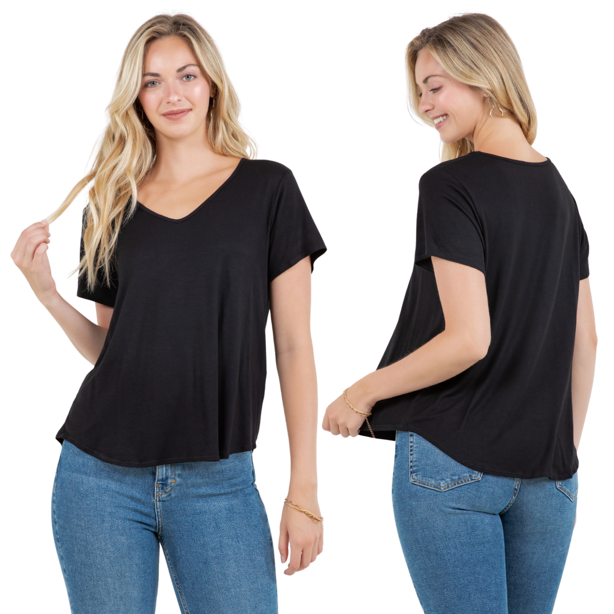 V-Neck T-Shirt – Casual Short Sleeve Loose Fit Tee for Women - Azules