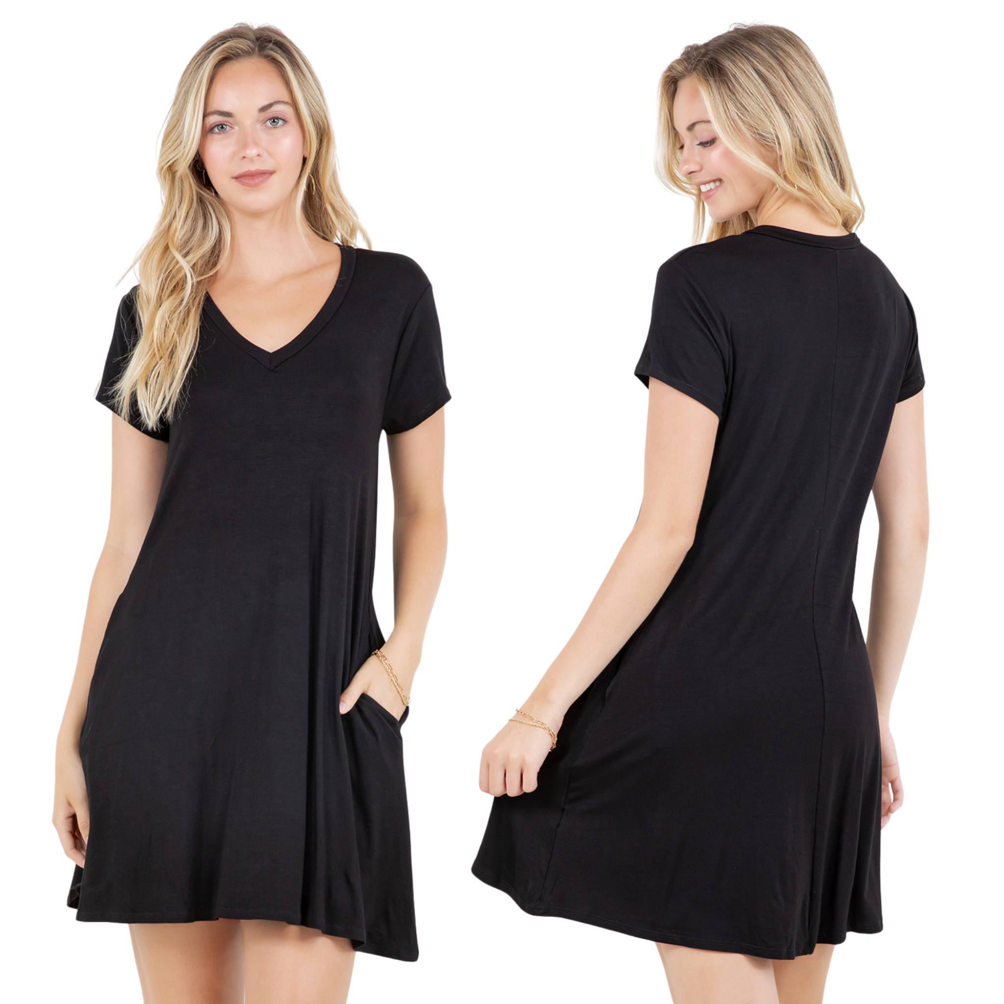 V-Neck T-Shirt Dress – Casual Short Sleeve A-Line Swing Tunic with Pockets
