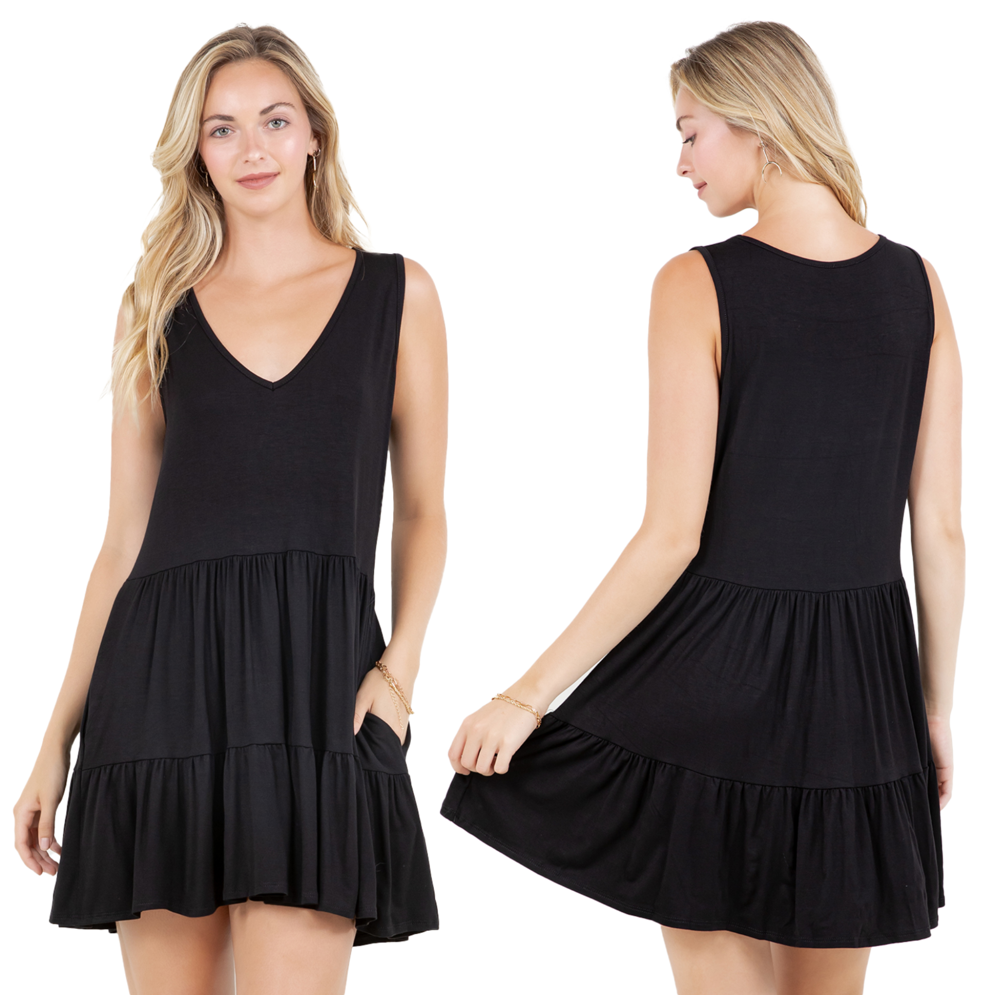 Casual Sleeveless Tiered Dress V-Neck Flowy Babydoll Mini Dress