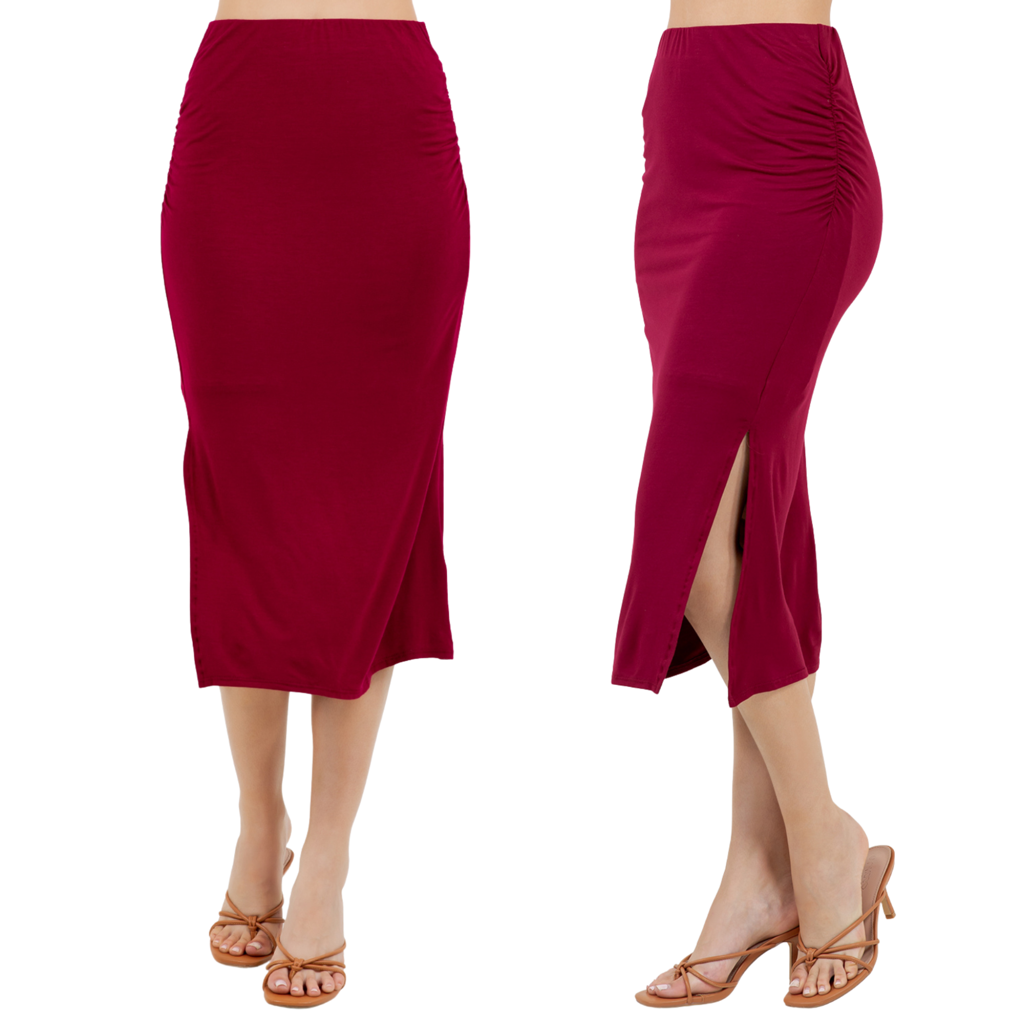 Midi Skirt – Stretchy Jersey Knit Bodycon Skirt with Side Slit