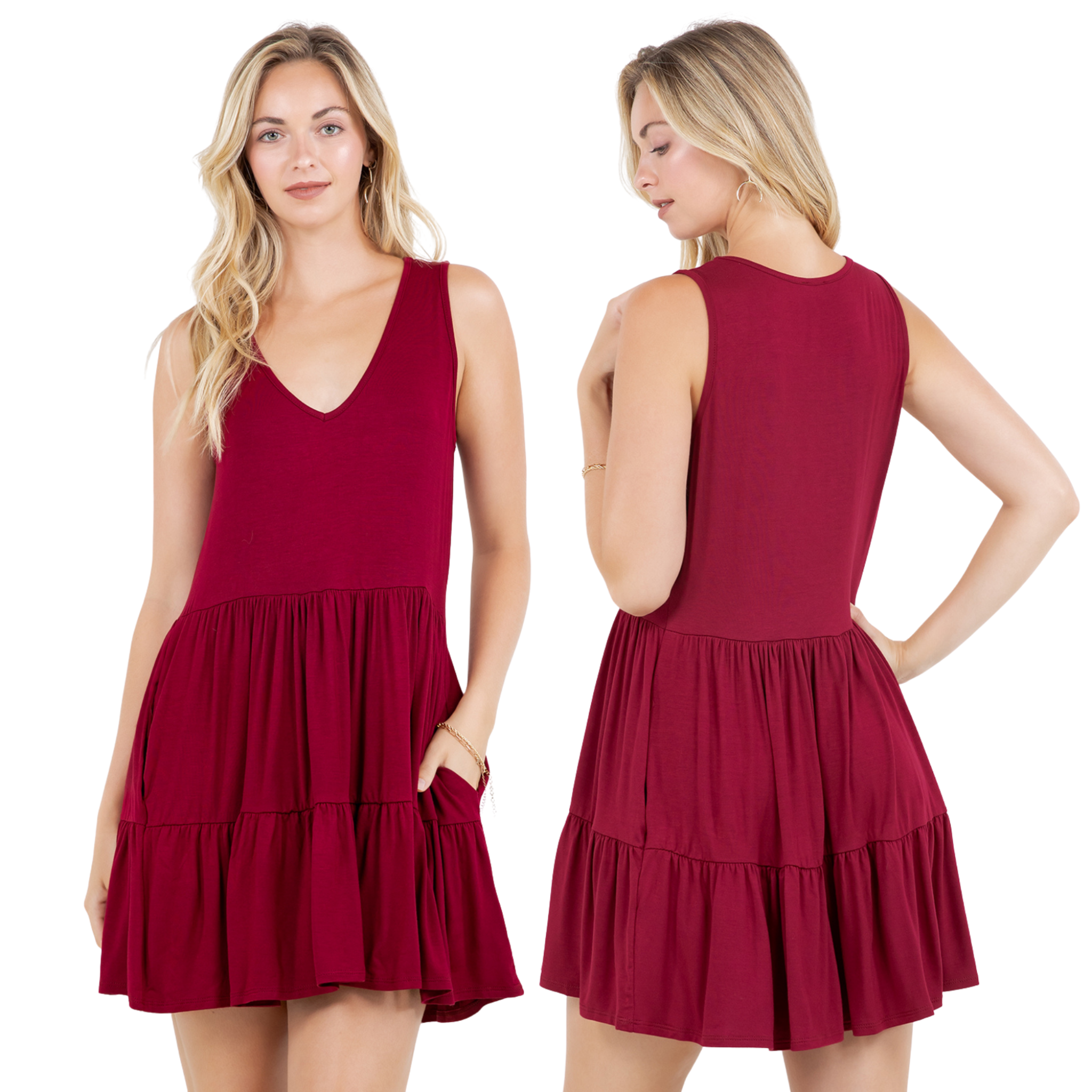 Casual Sleeveless Tiered Dress V-Neck Flowy Babydoll Mini Dress