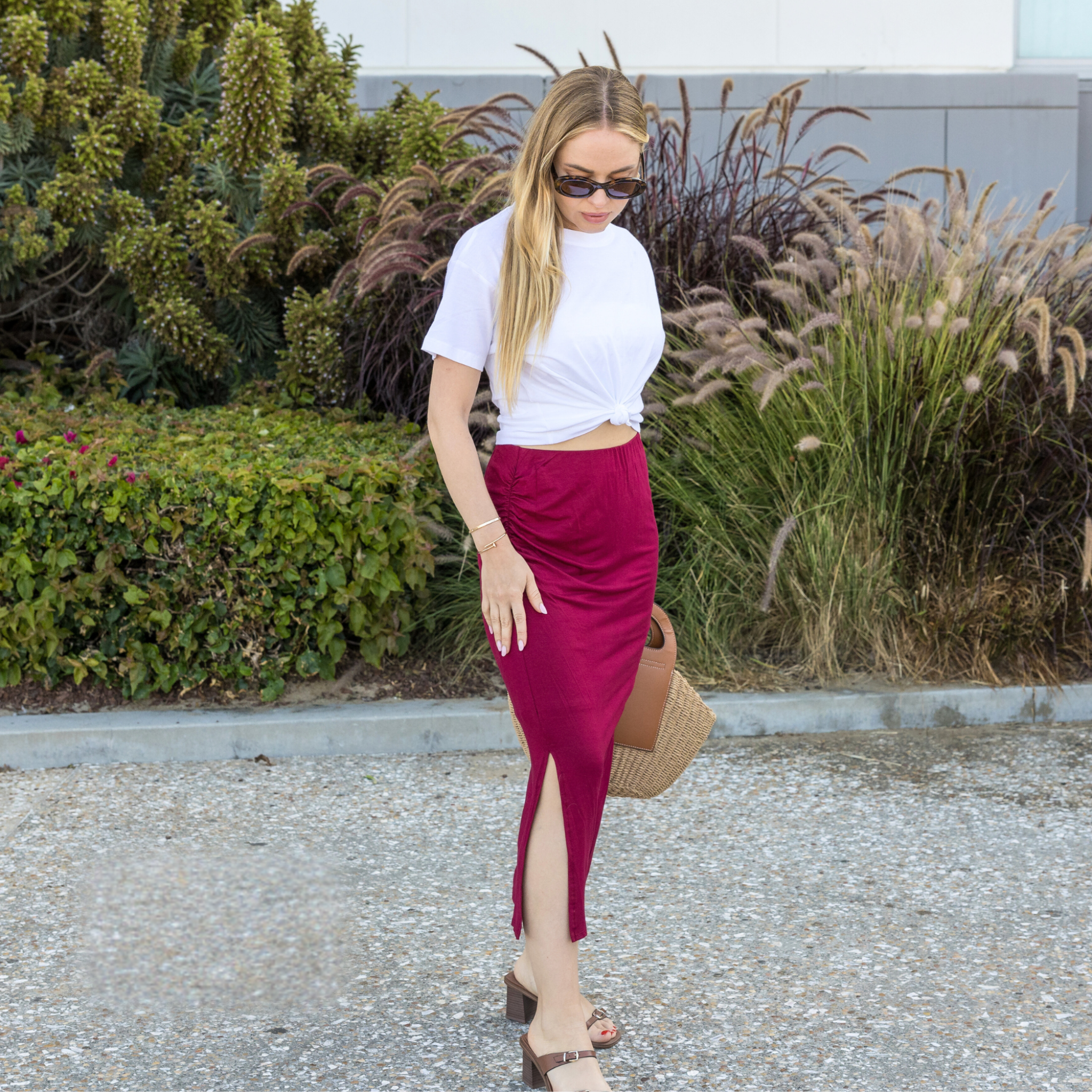 Midi Skirt – Stretchy Jersey Knit Bodycon Skirt with Side Slit