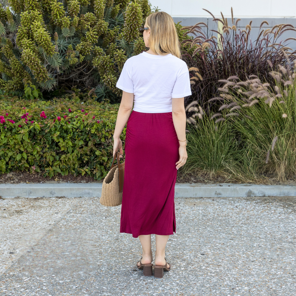 Midi Skirt – Stretchy Jersey Knit Bodycon Skirt with Side Slit