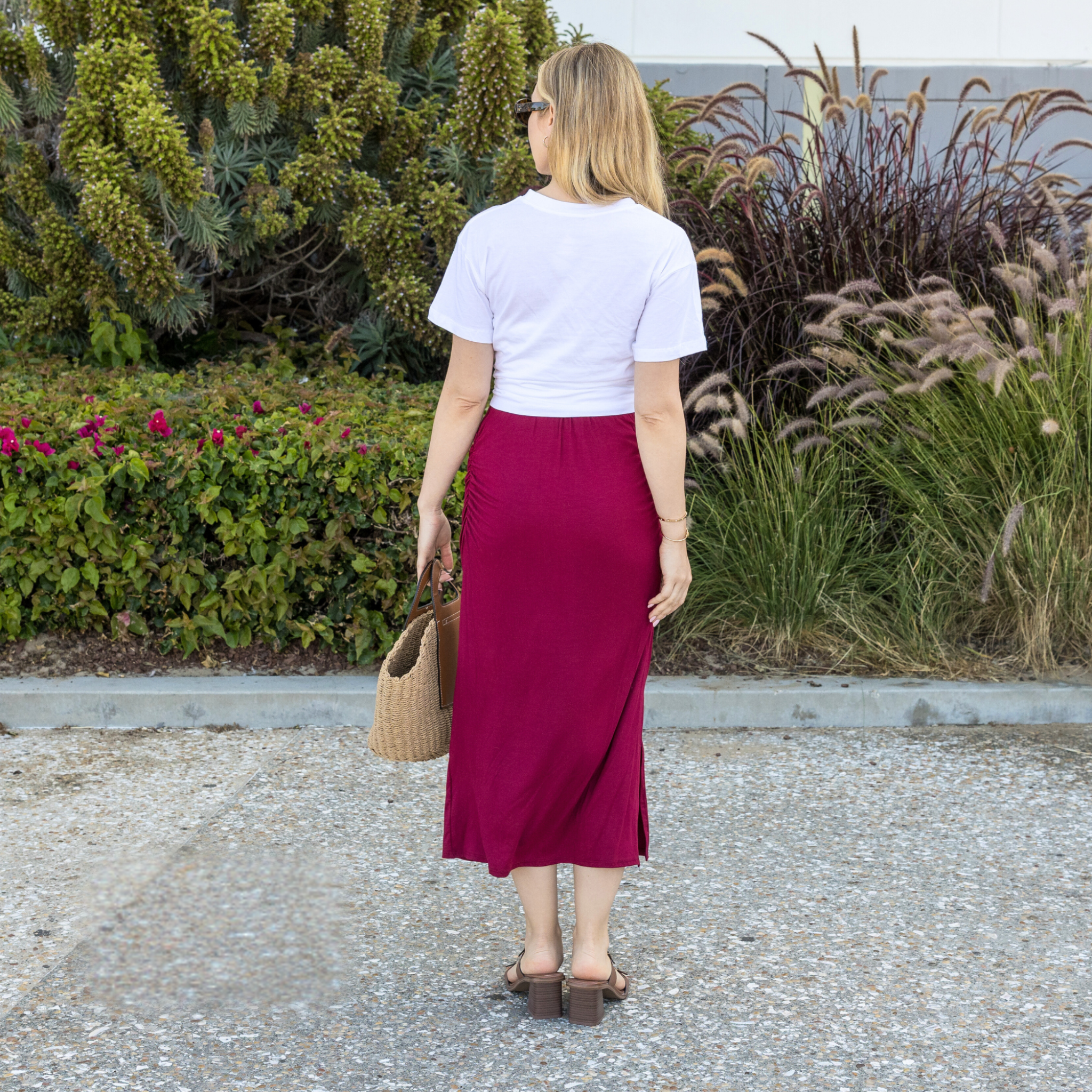 Midi Skirt – Stretchy Jersey Knit Bodycon Skirt with Side Slit