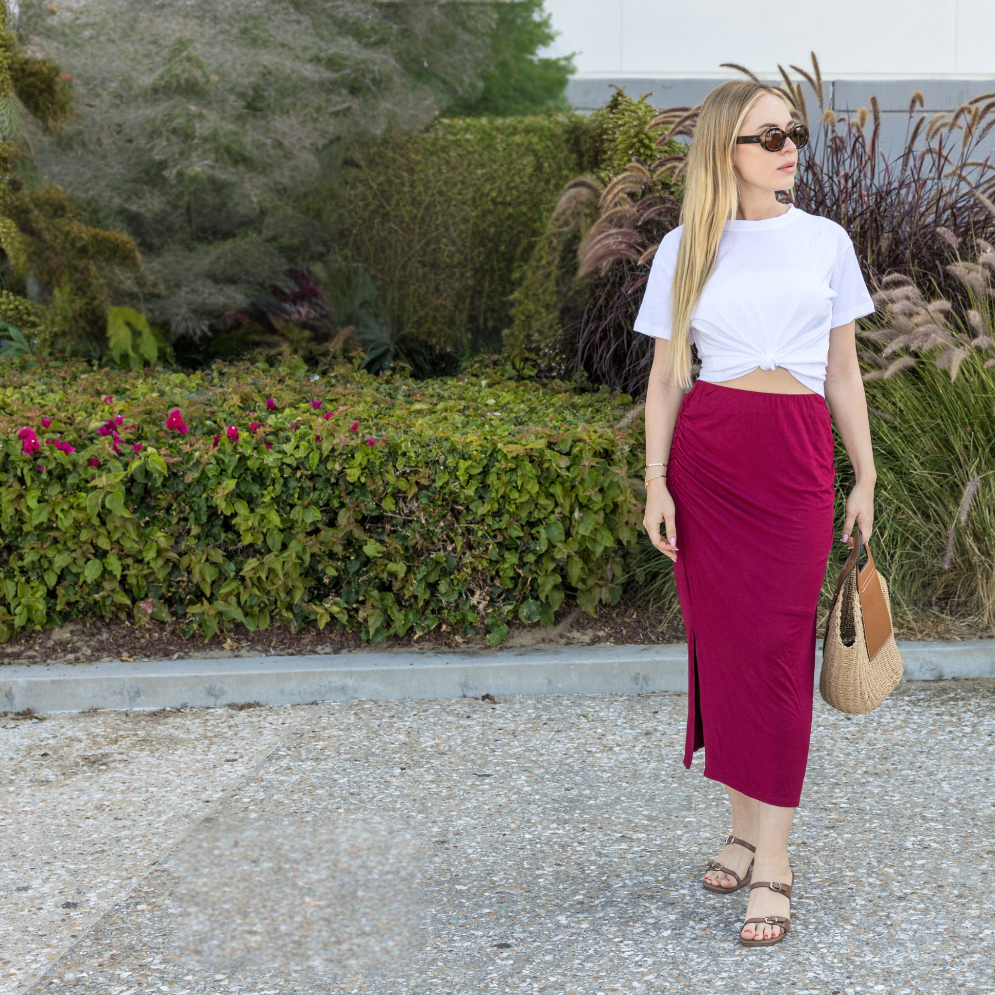 Midi Skirt – Stretchy Jersey Knit Bodycon Skirt with Side Slit