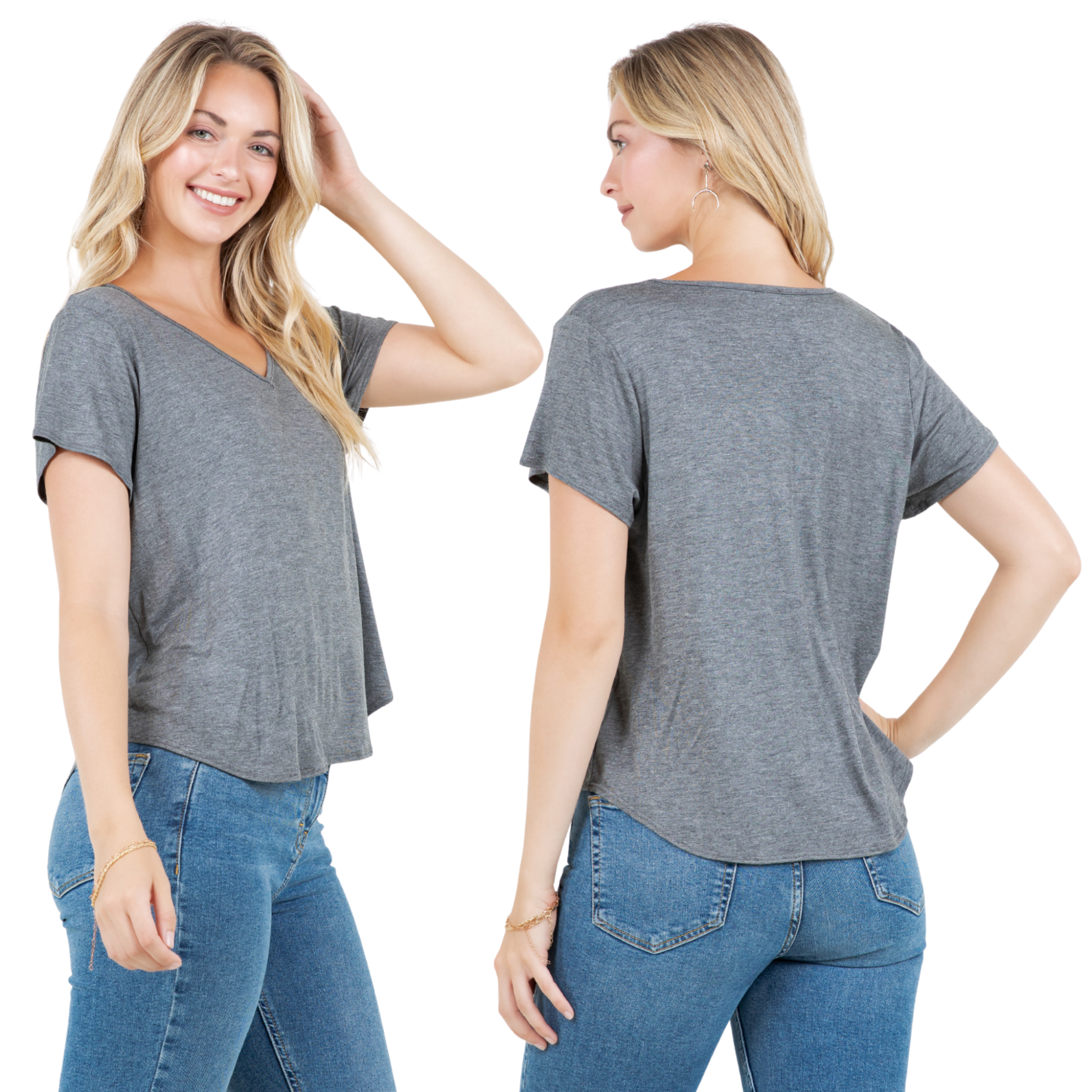 V-Neck T-Shirt – Casual Short Sleeve Loose Fit Tee for Women - Azules