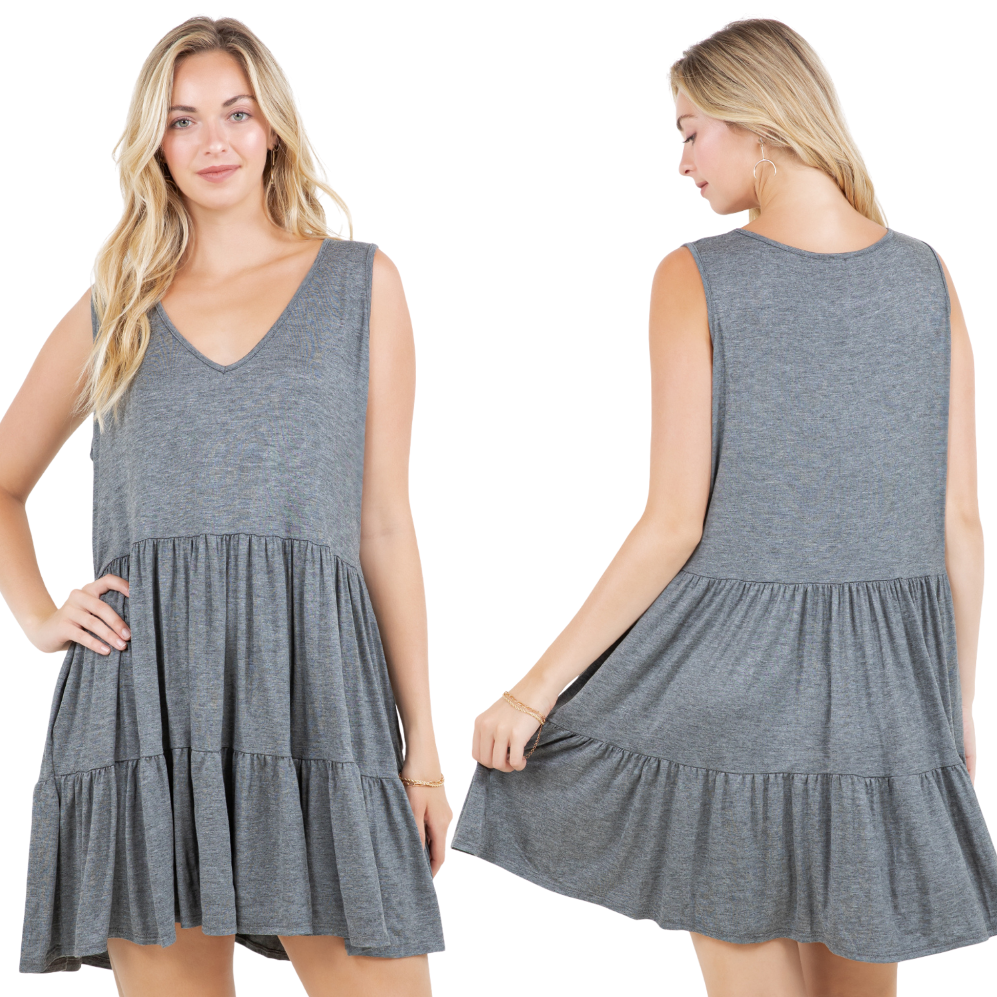 Casual Sleeveless Tiered Dress V-Neck Flowy Babydoll Mini Dress