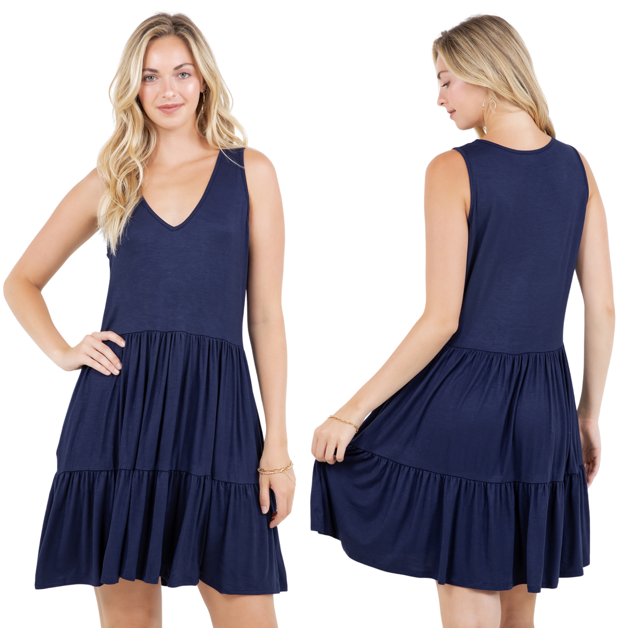 Casual Sleeveless Tiered Dress V-Neck Flowy Babydoll Mini Dress