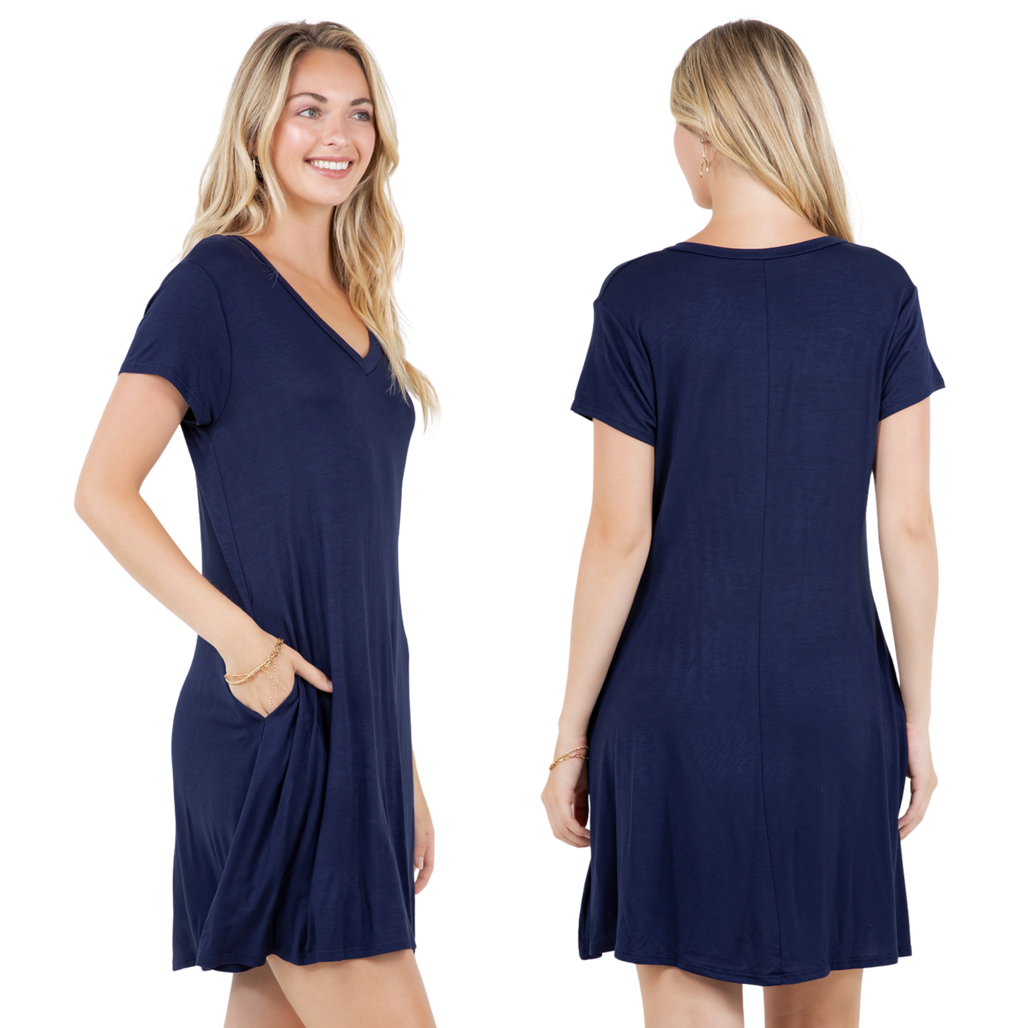 V-Neck T-Shirt Dress – Casual Short Sleeve A-Line Swing Tunic with Pockets
