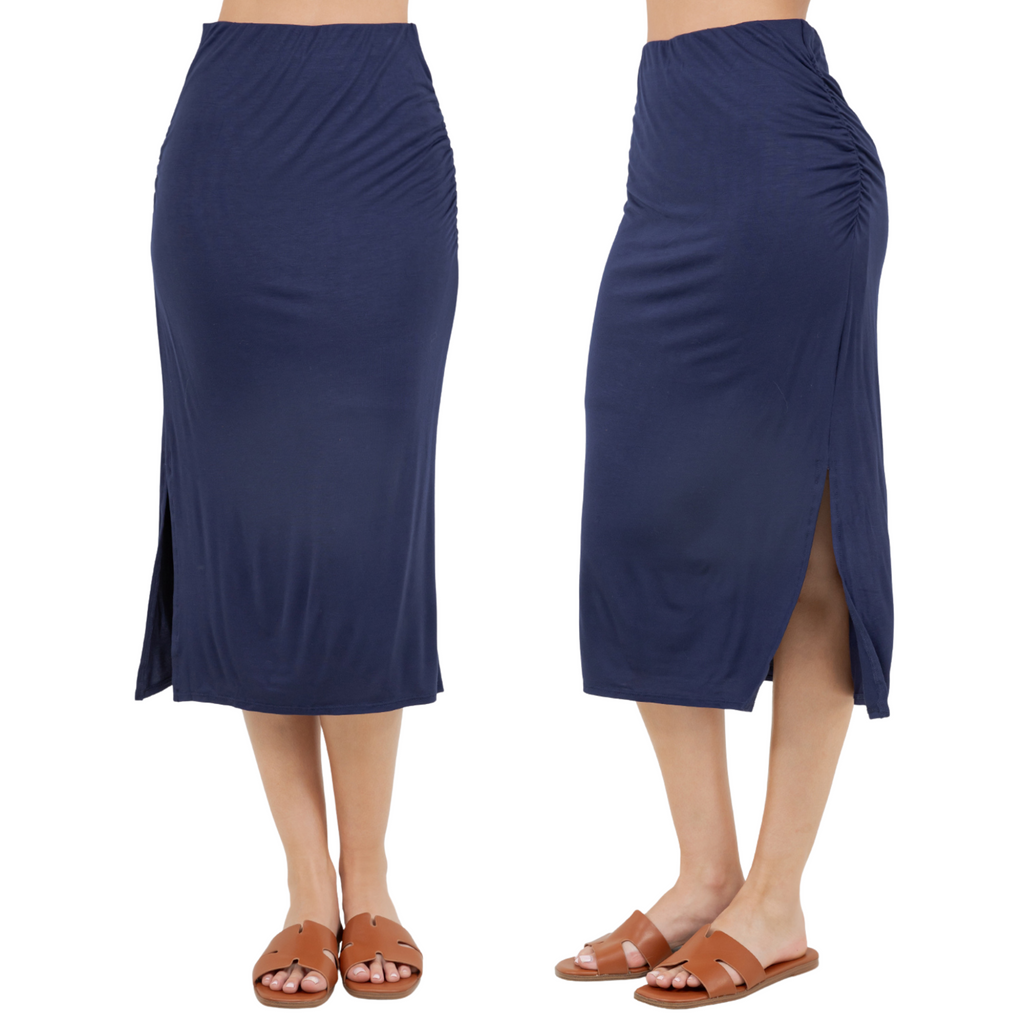 Midi Skirt – Stretchy Jersey Knit Bodycon Skirt with Side Slit - Azules