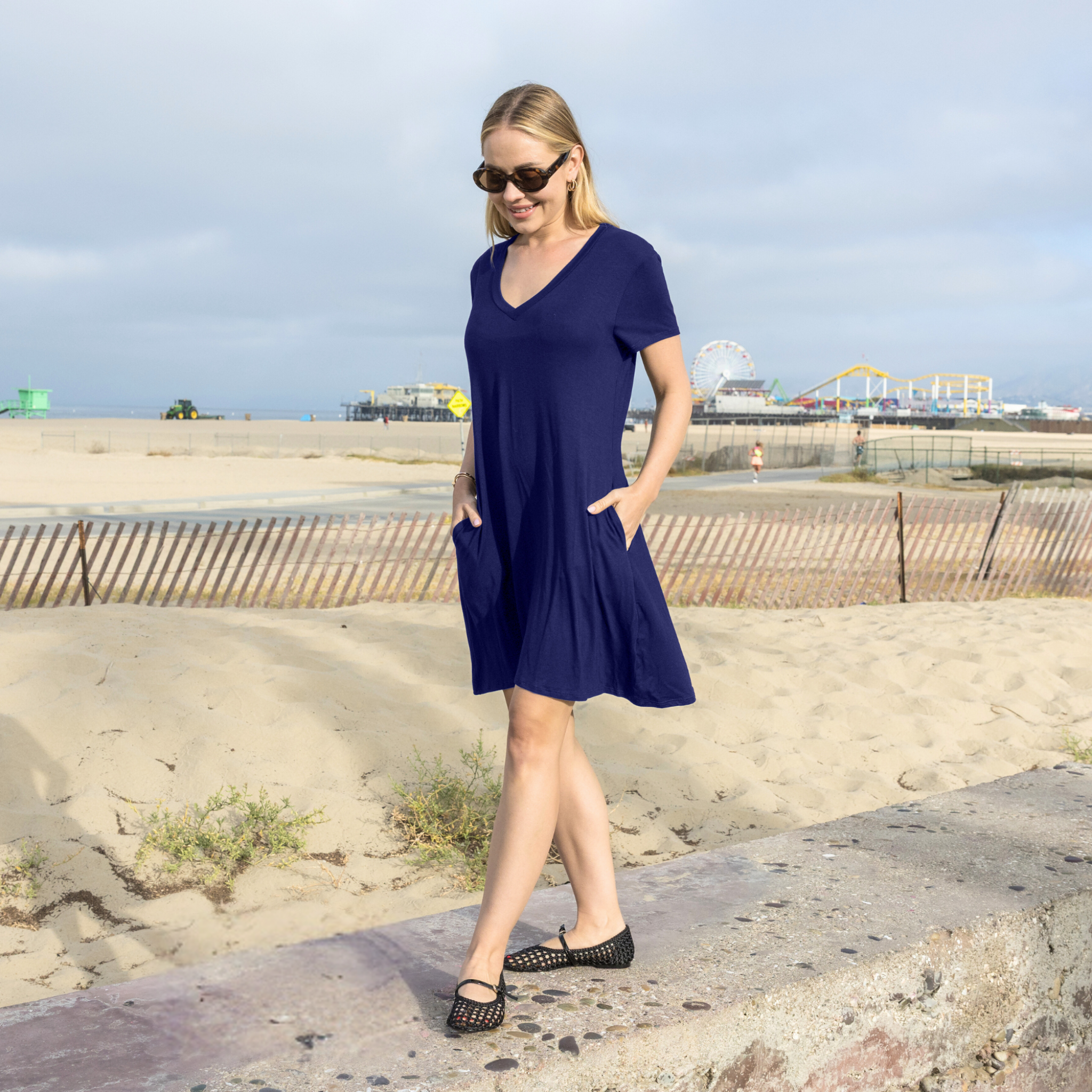 V-Neck T-Shirt Dress – Casual Short Sleeve A-Line Swing Tunic with Pockets