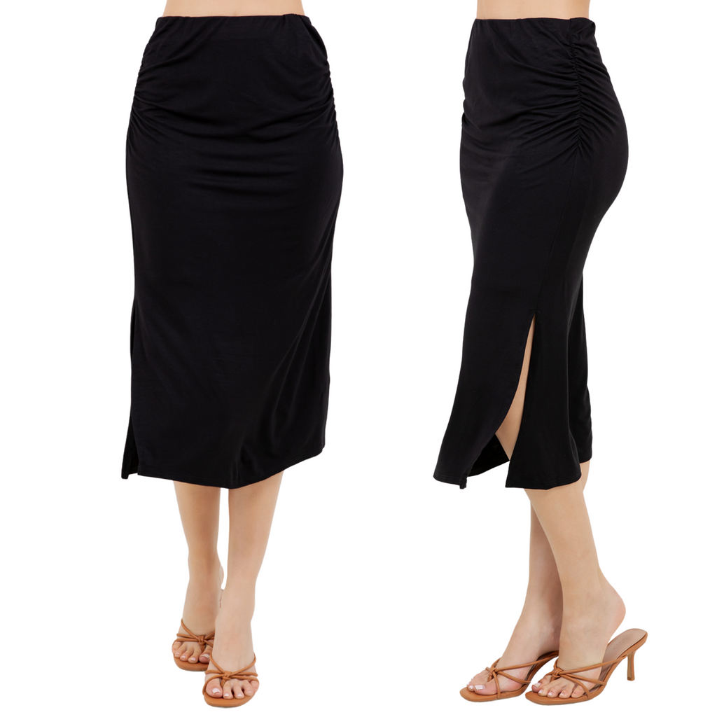 Midi Skirt – Stretchy Jersey Knit Bodycon Skirt with Side Slit - Azules