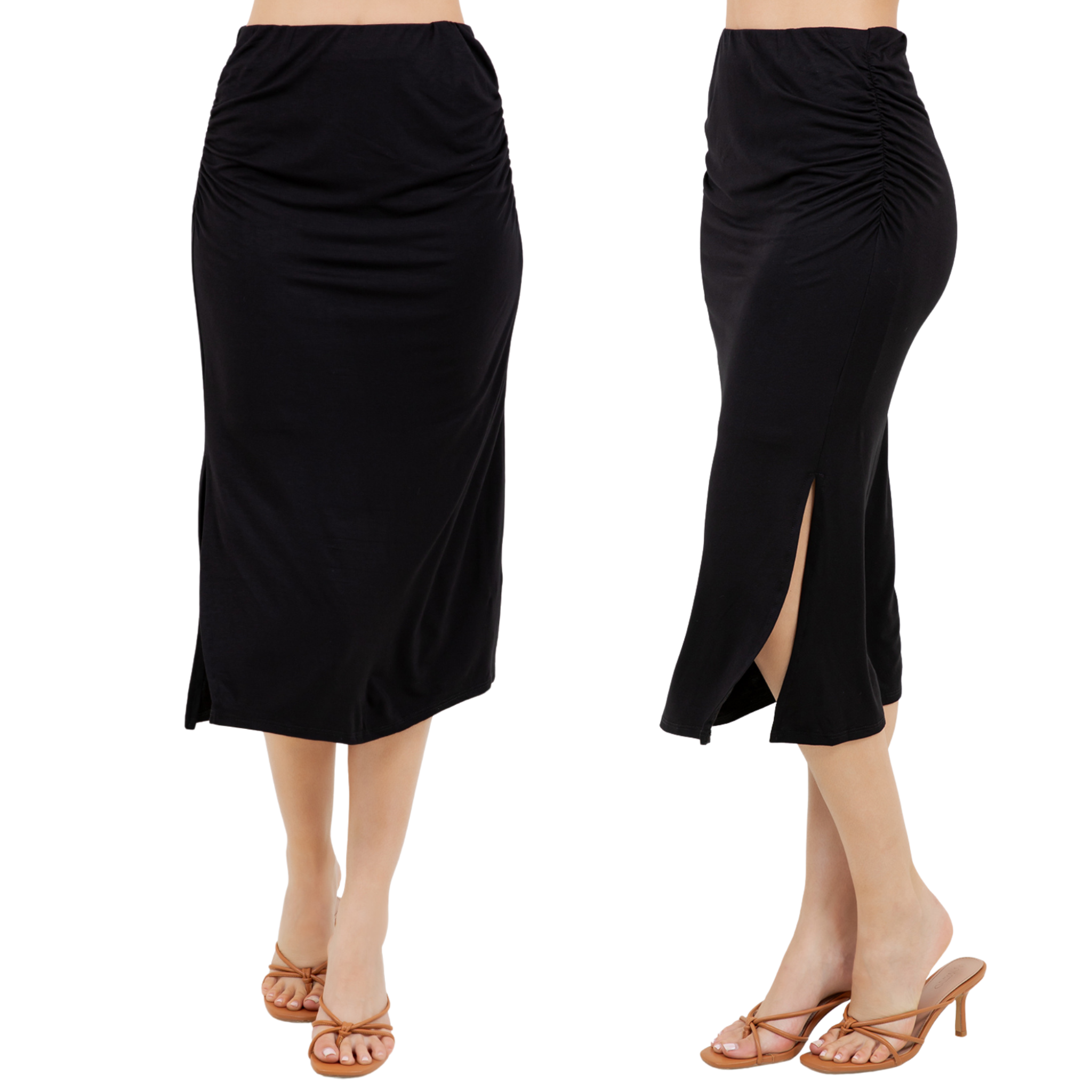 Midi Skirt – Stretchy Jersey Knit Bodycon Skirt with Side Slit
