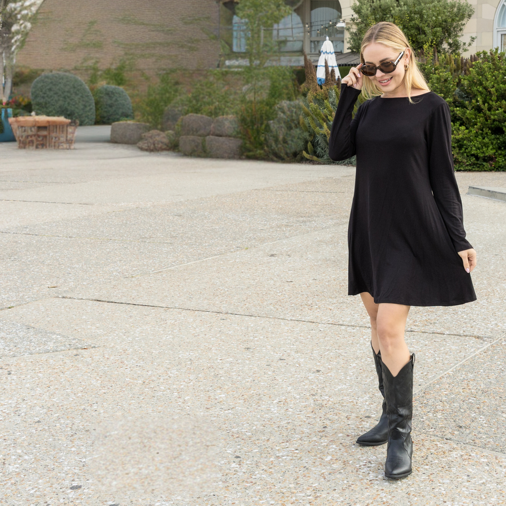Long Sleeve Mini Dress with U Back – Casual T-Shirt Swing Dress for Women
