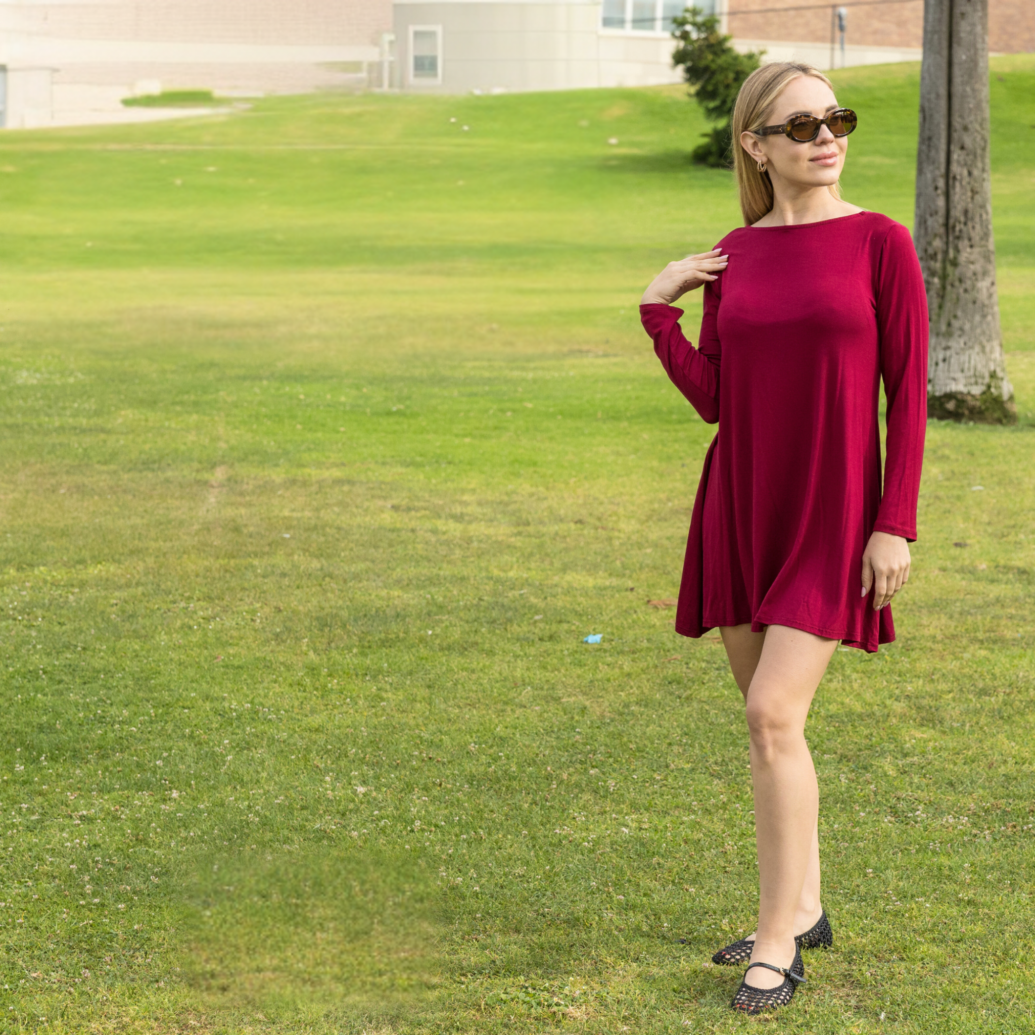 Long Sleeve Mini Dress with U Back – Casual T-Shirt Swing Dress for Women