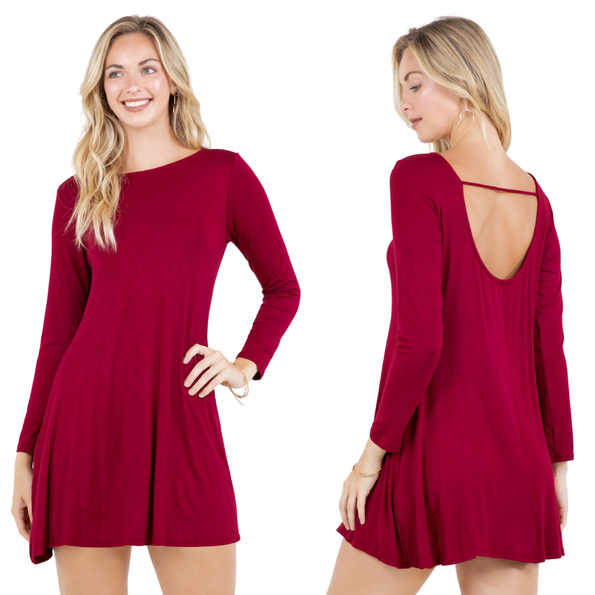 Long Sleeve Mini Dress with U Back – Casual T-Shirt Swing Dress for Women