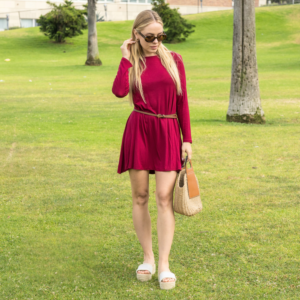 Long Sleeve Mini Dress with U Back – Casual T-Shirt Swing Dress for Women