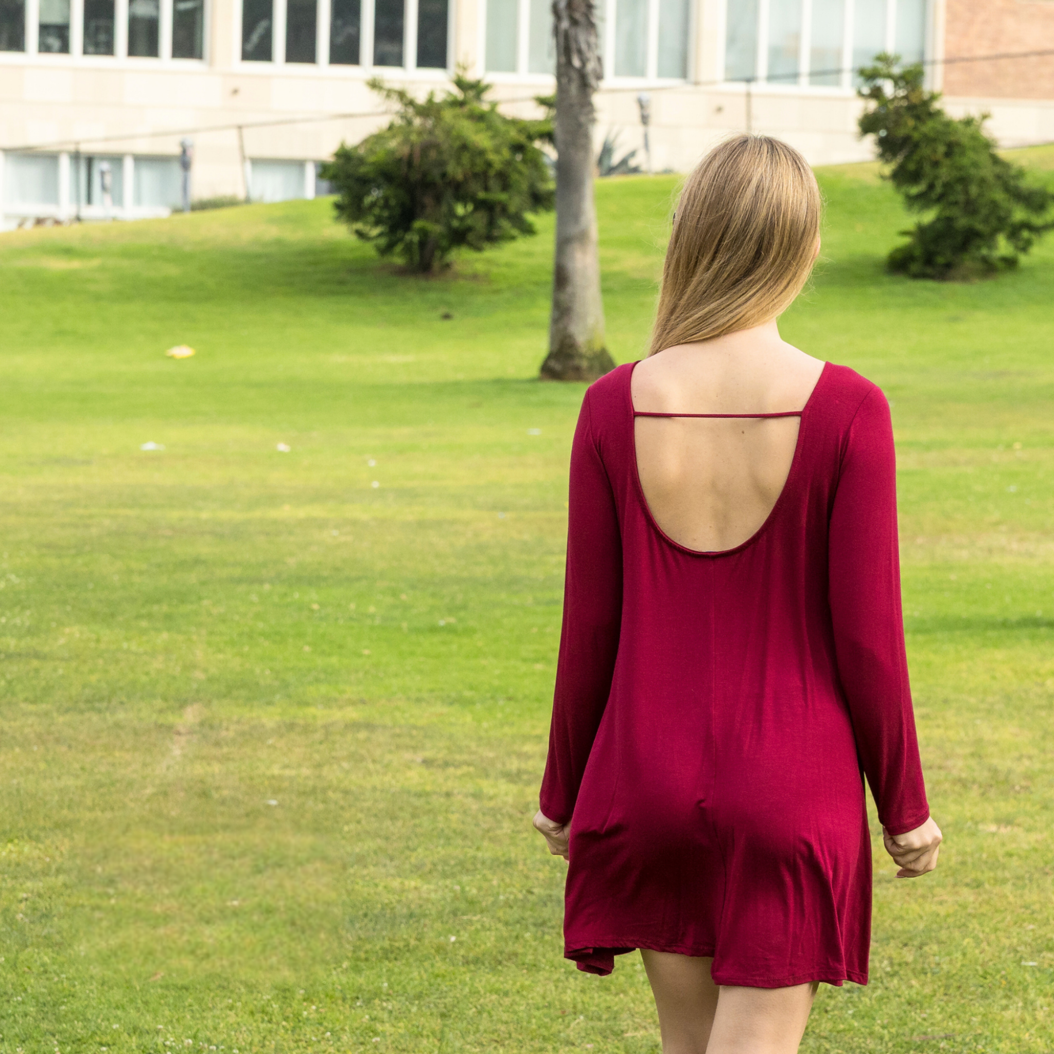 Long Sleeve Mini Dress with U Back – Casual T-Shirt Swing Dress for Women