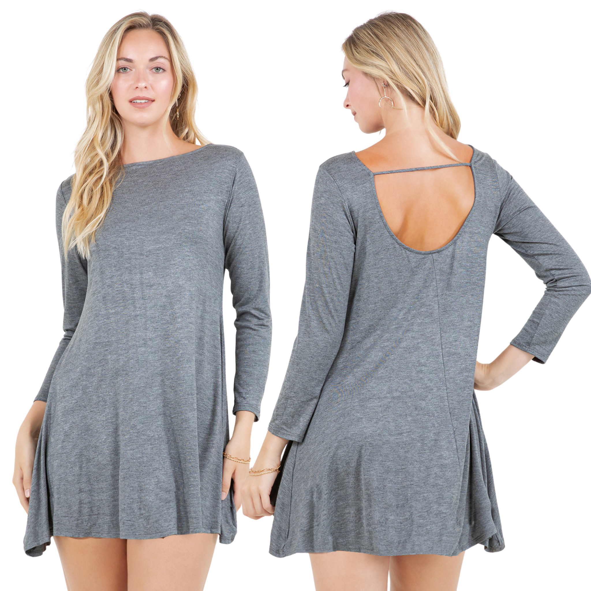 Long Sleeve Mini Dress with U Back – Casual T-Shirt Swing Dress for Women