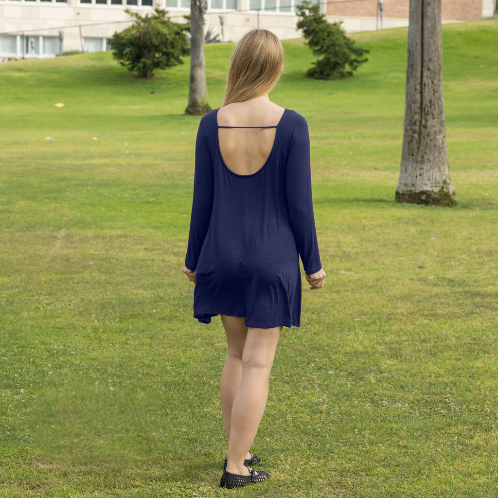 Long Sleeve Mini Dress with U Back – Casual T-Shirt Swing Dress for Women