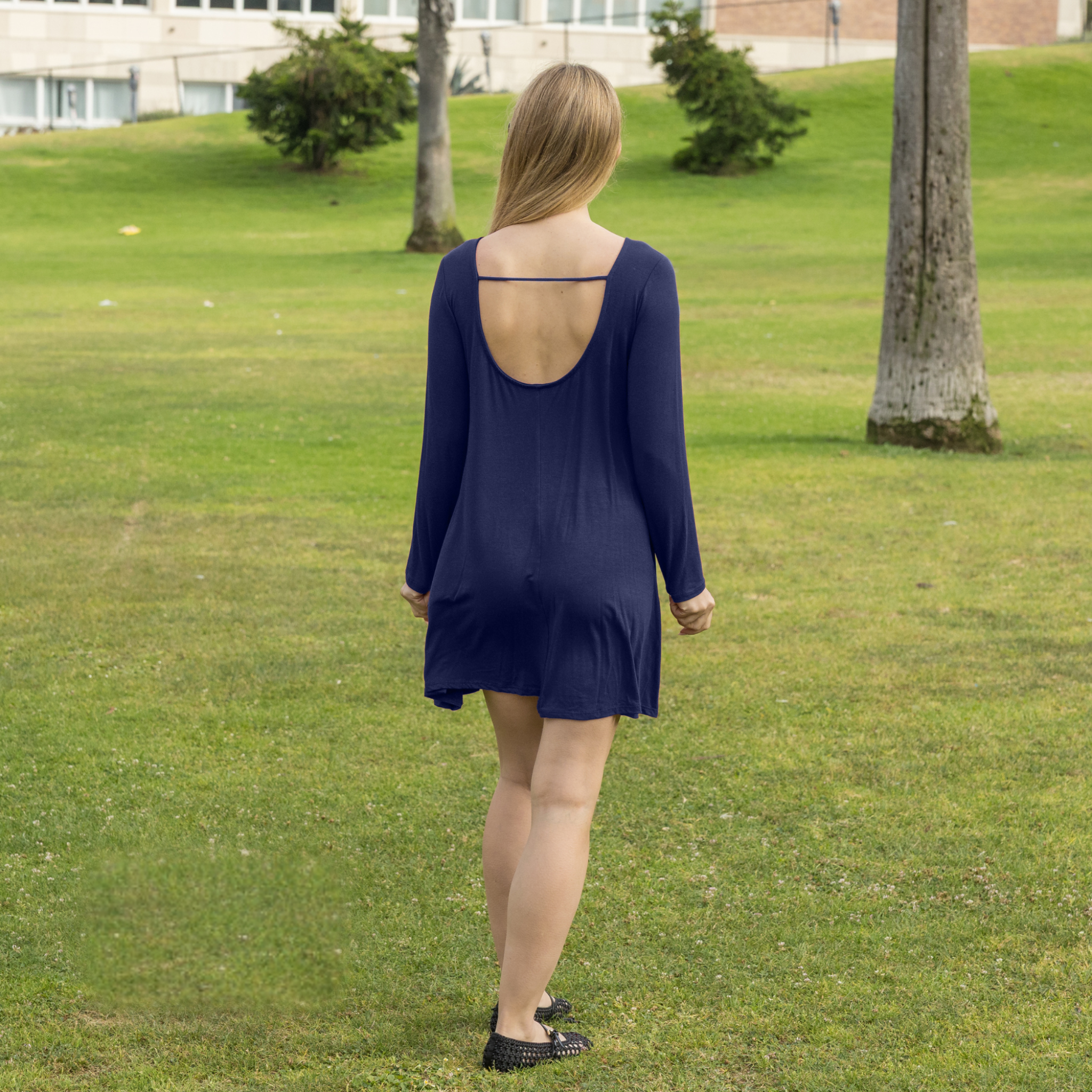 Long Sleeve Mini Dress with U Back – Casual T-Shirt Swing Dress for Women