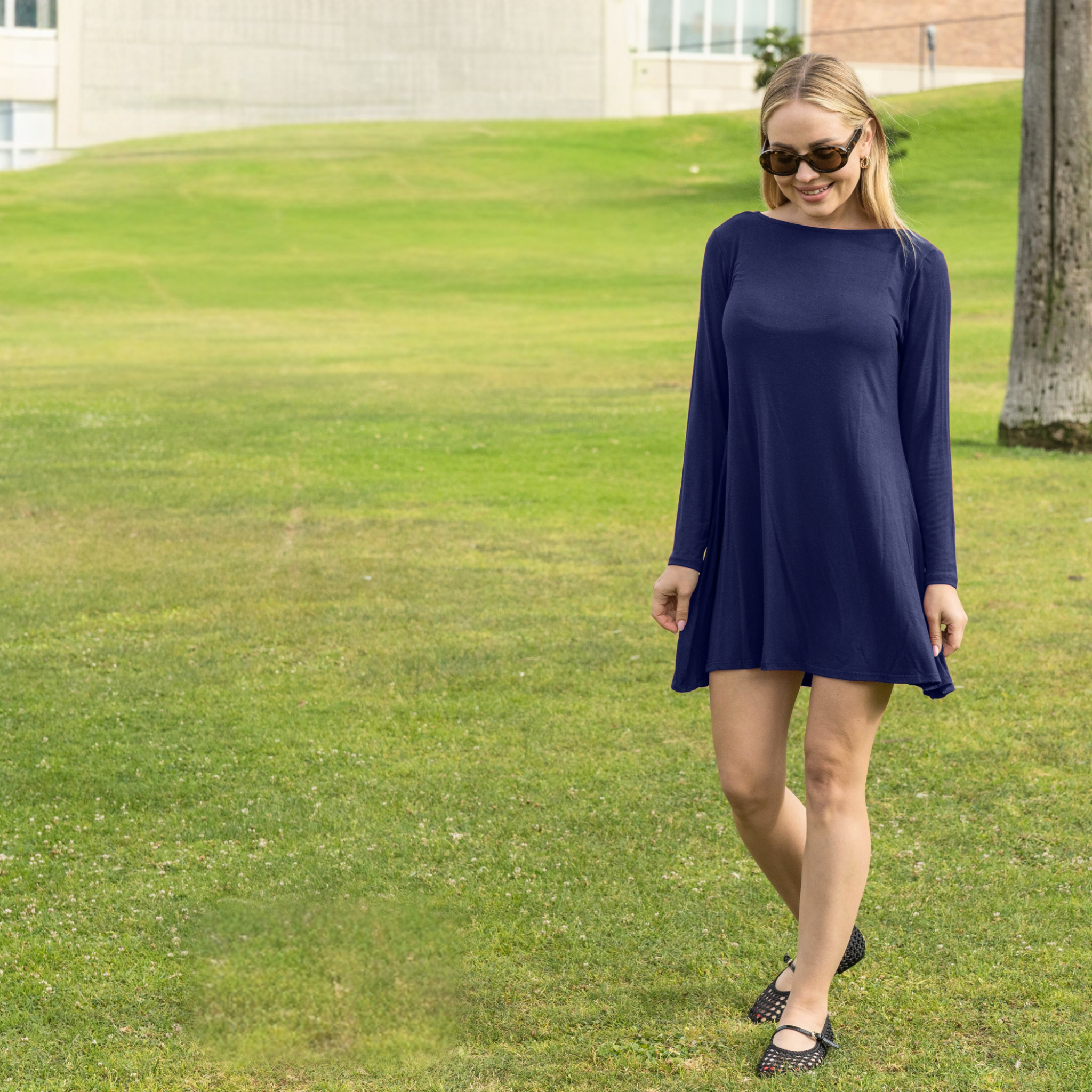 Long Sleeve Mini Dress with U Back – Casual T-Shirt Swing Dress for Women