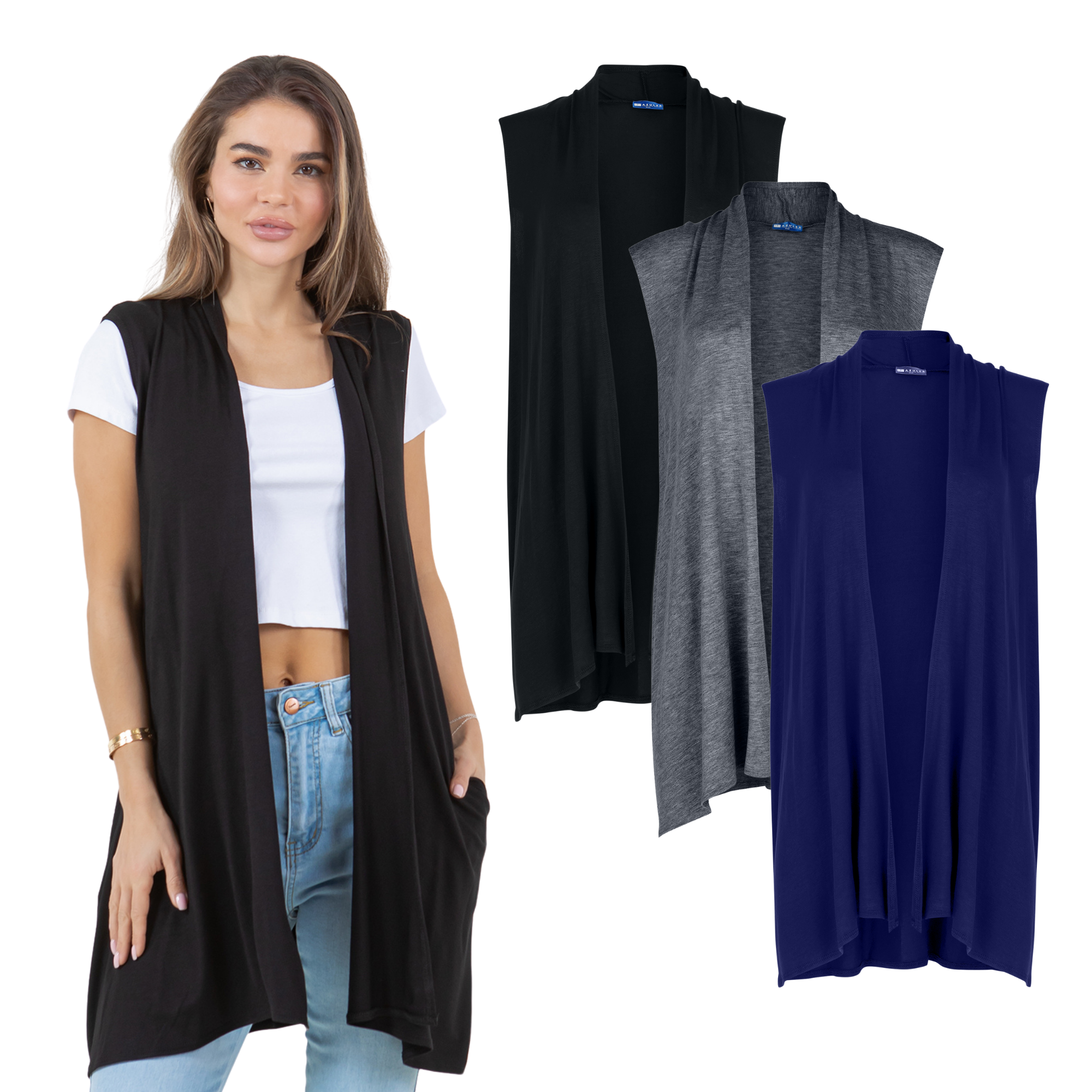 3-Pack Sleeveless Cardigan Vest (Straight Hem Pockets) Azules 2DC